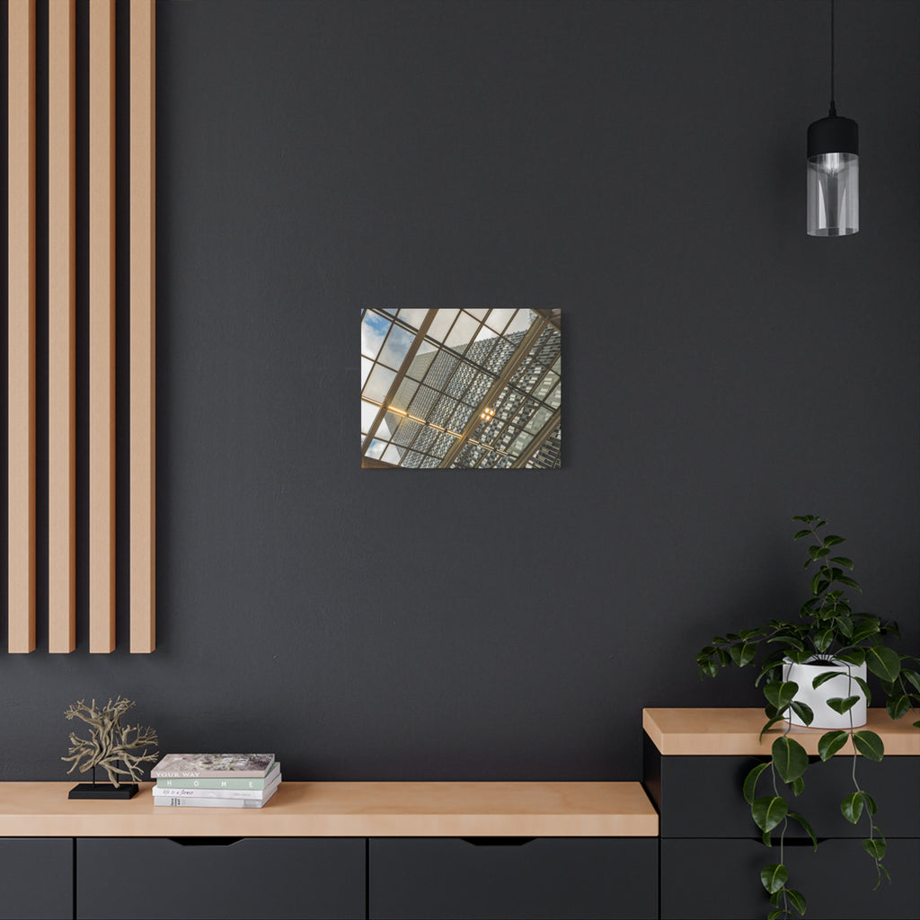 Modern Architecture Canvas Print — Glass Atrium & Skyscraper Stretched Matte