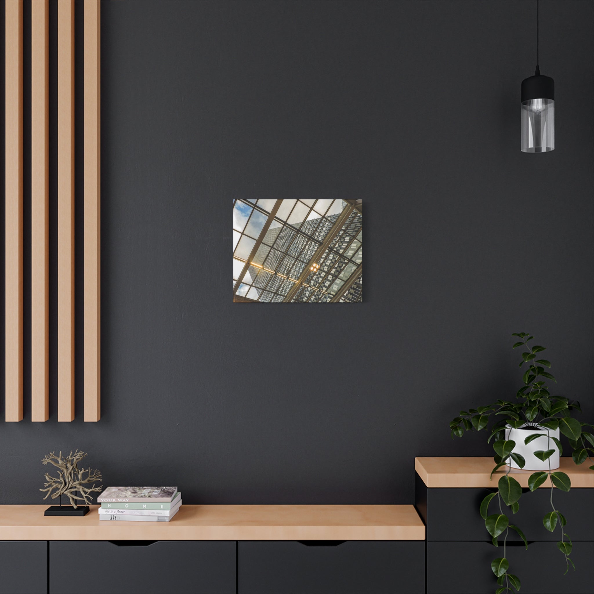 Modern Architecture Canvas Print — Glass Atrium & Skyscraper Stretched Matte