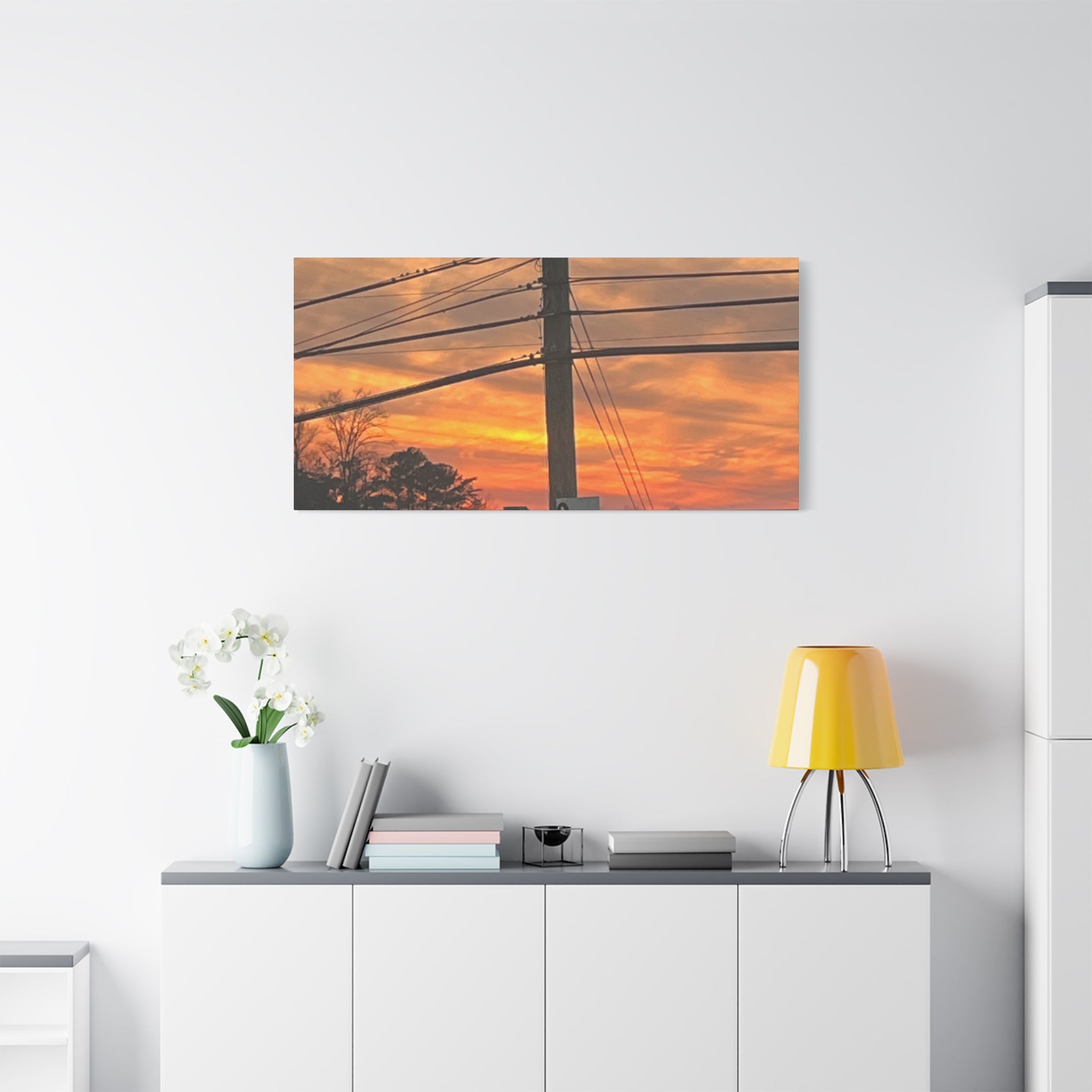 Sunset Powerlines Matte Canvas Print — Warm Orange Sky Wall Art