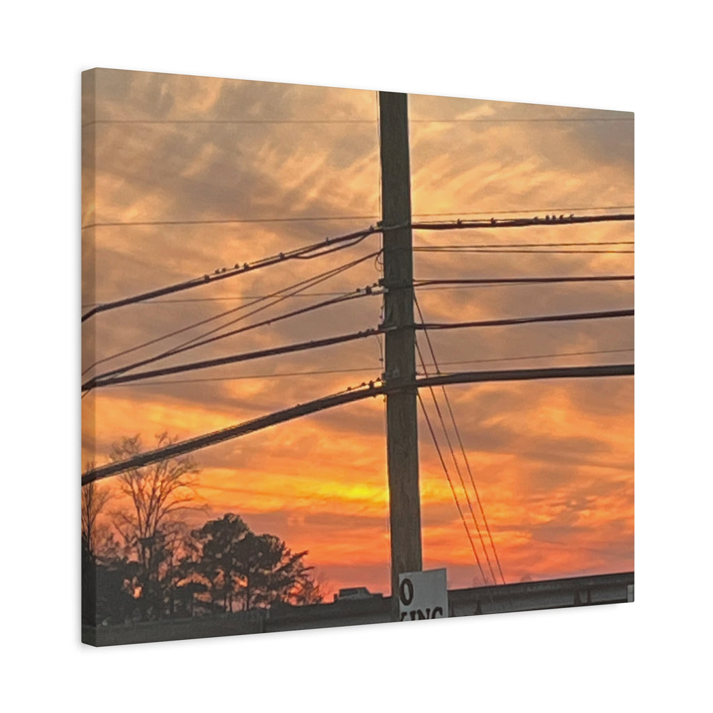 Sunset Powerlines Matte Canvas Print — Warm Orange Sky Wall Art