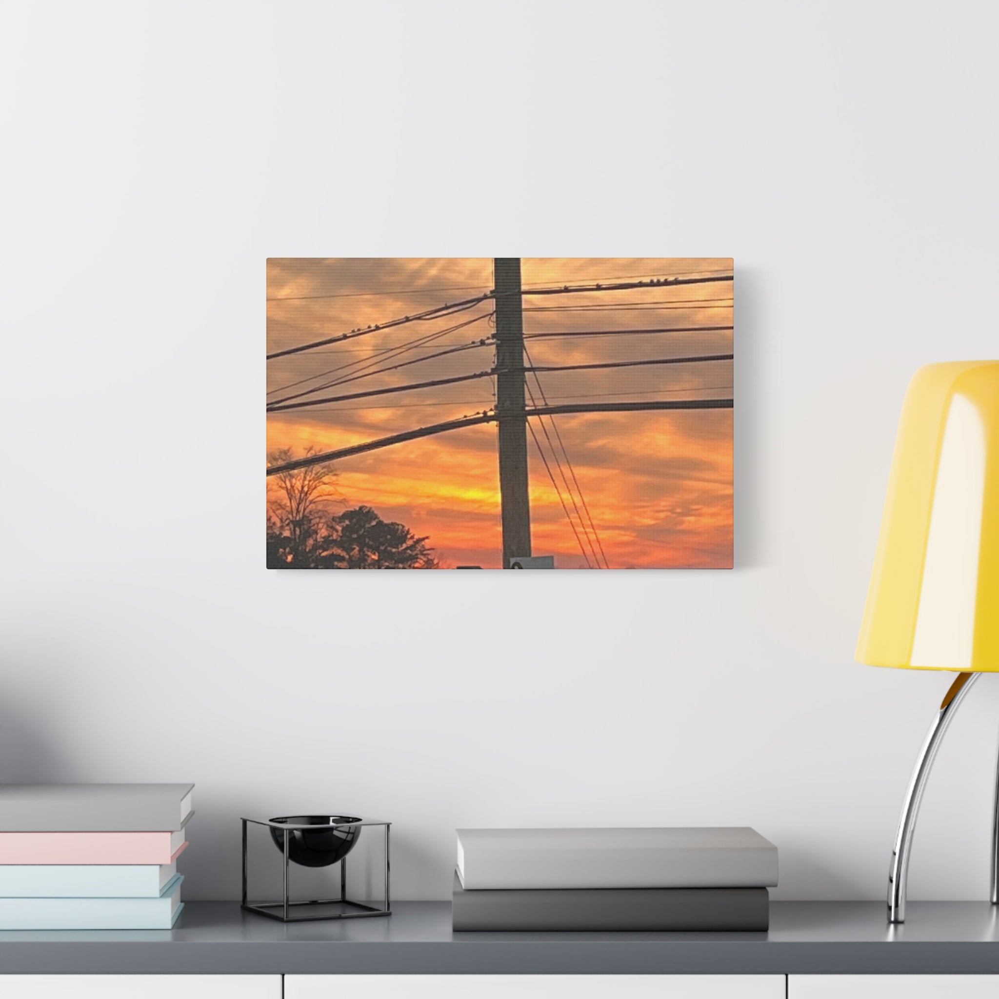 Sunset Powerlines Matte Canvas Print — Warm Orange Sky Wall Art