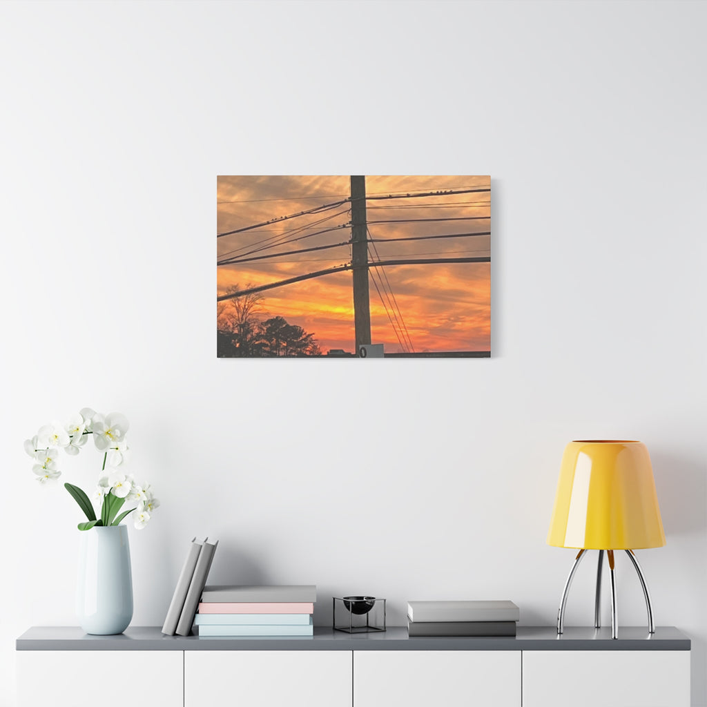 Sunset Powerlines Matte Canvas Print — Warm Orange Sky Wall Art