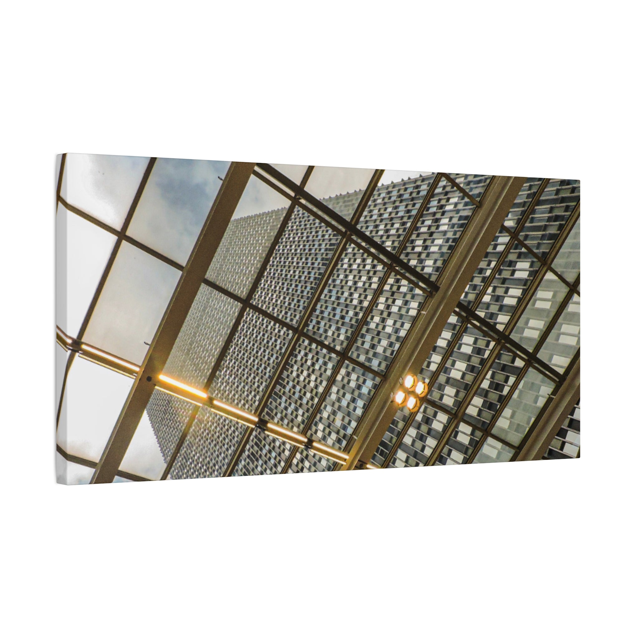 Modern Architecture Canvas Print — Glass Atrium & Skyscraper Stretched Matte
