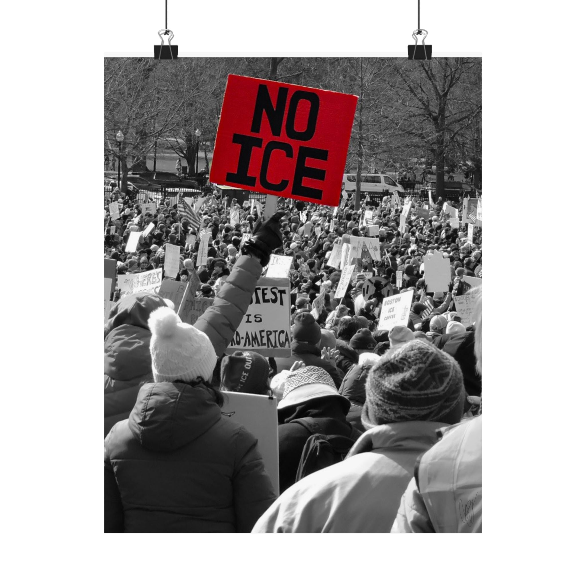 NO ICE Above the Crowd — Vertical Matte Humanitarian Poster