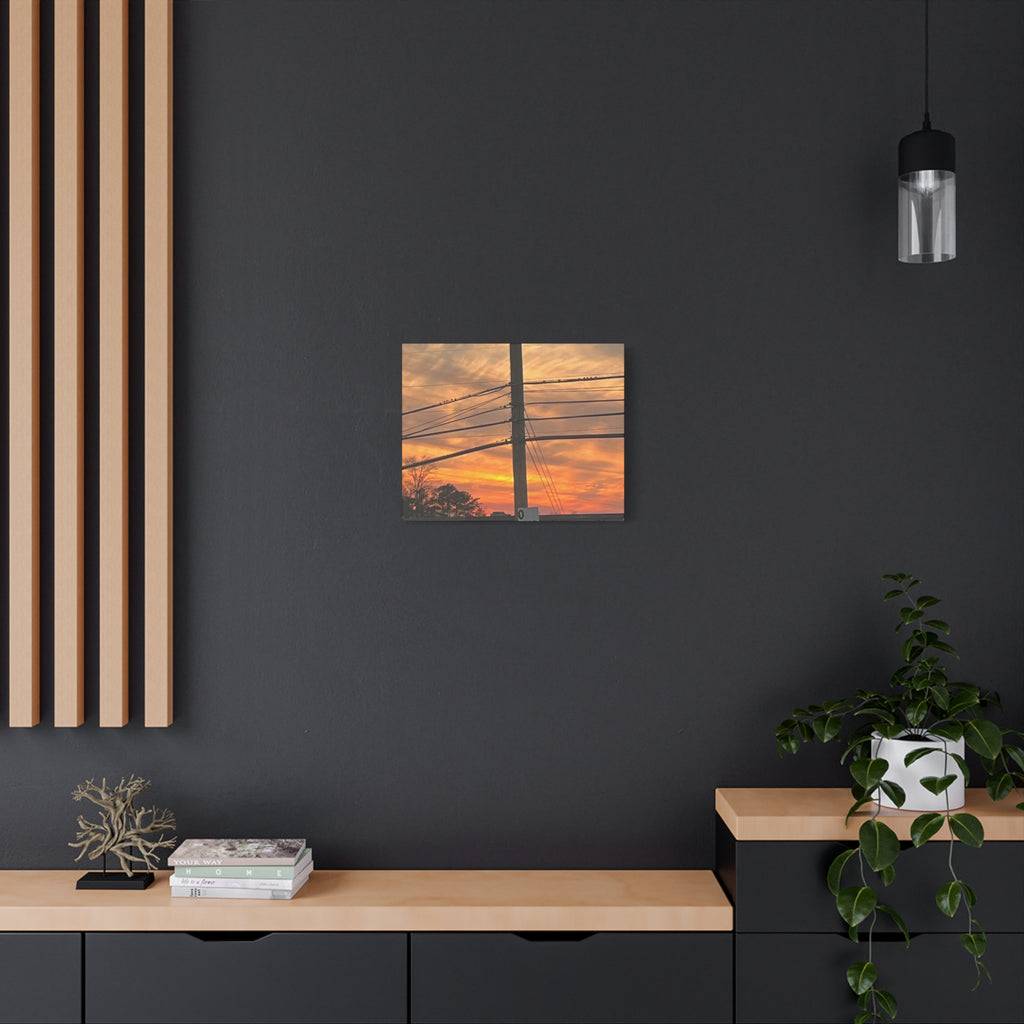 Sunset Powerlines Matte Canvas Print — Warm Orange Sky Wall Art