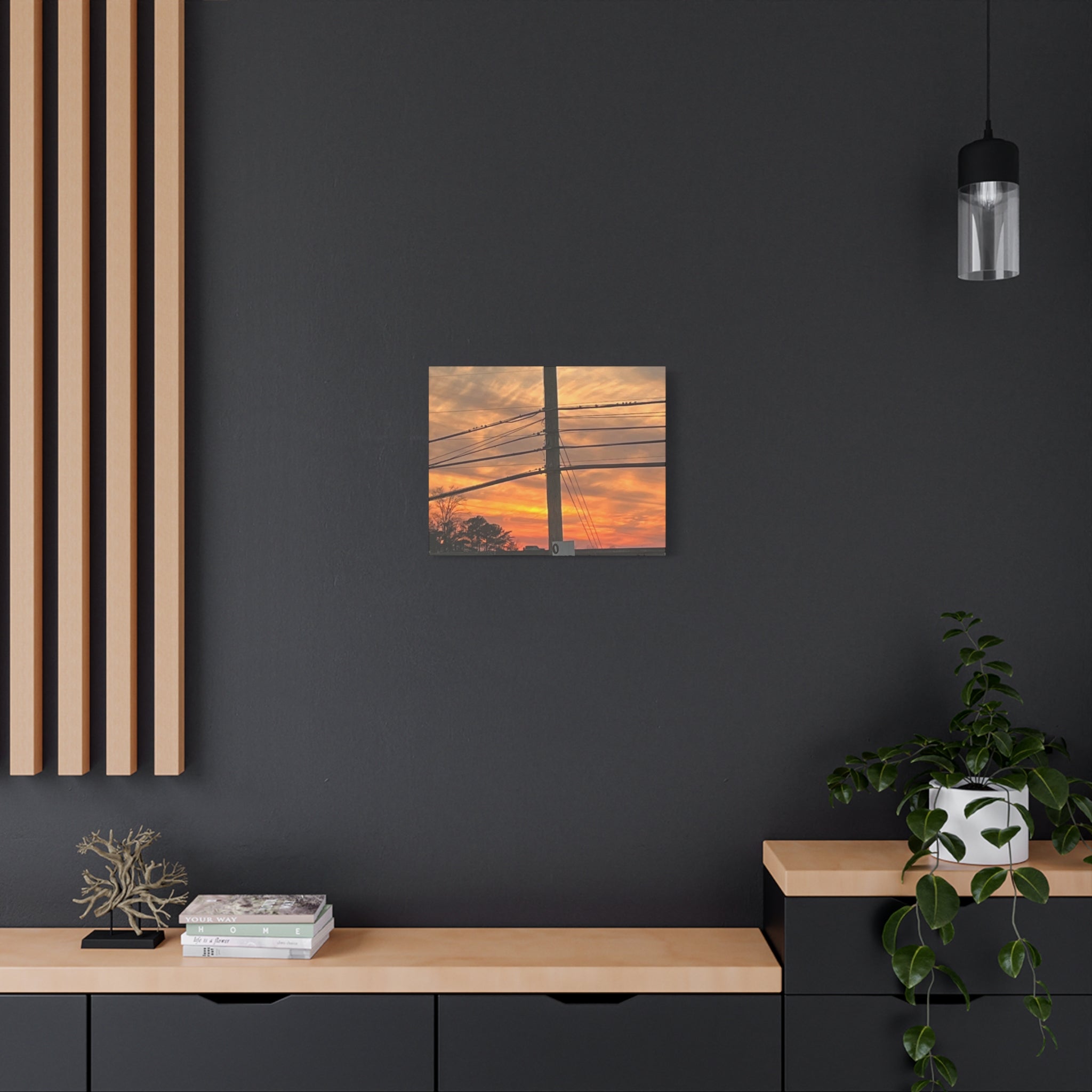 Sunset Powerlines Matte Canvas Print — Warm Orange Sky Wall Art
