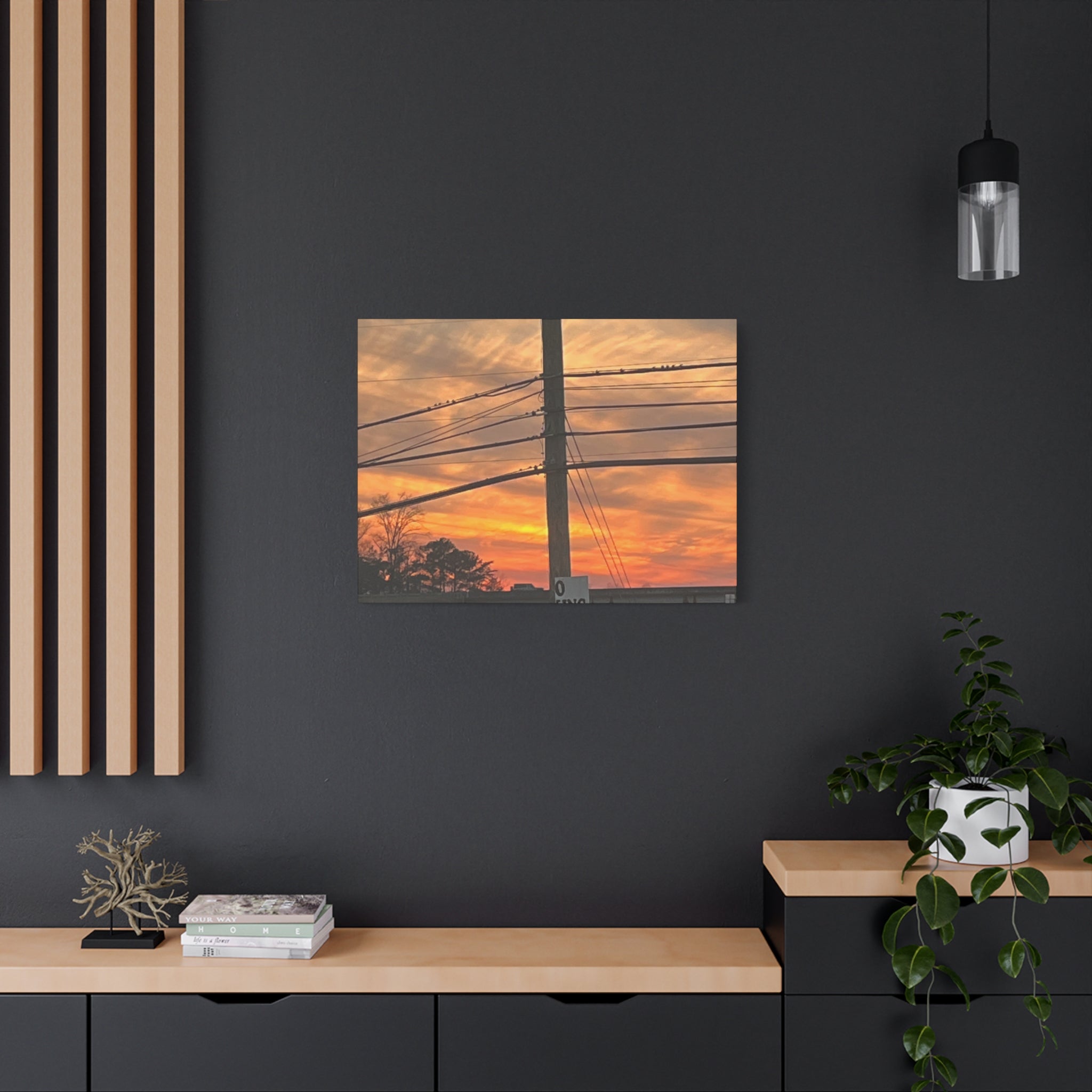 Sunset Powerlines Matte Canvas Print — Warm Orange Sky Wall Art