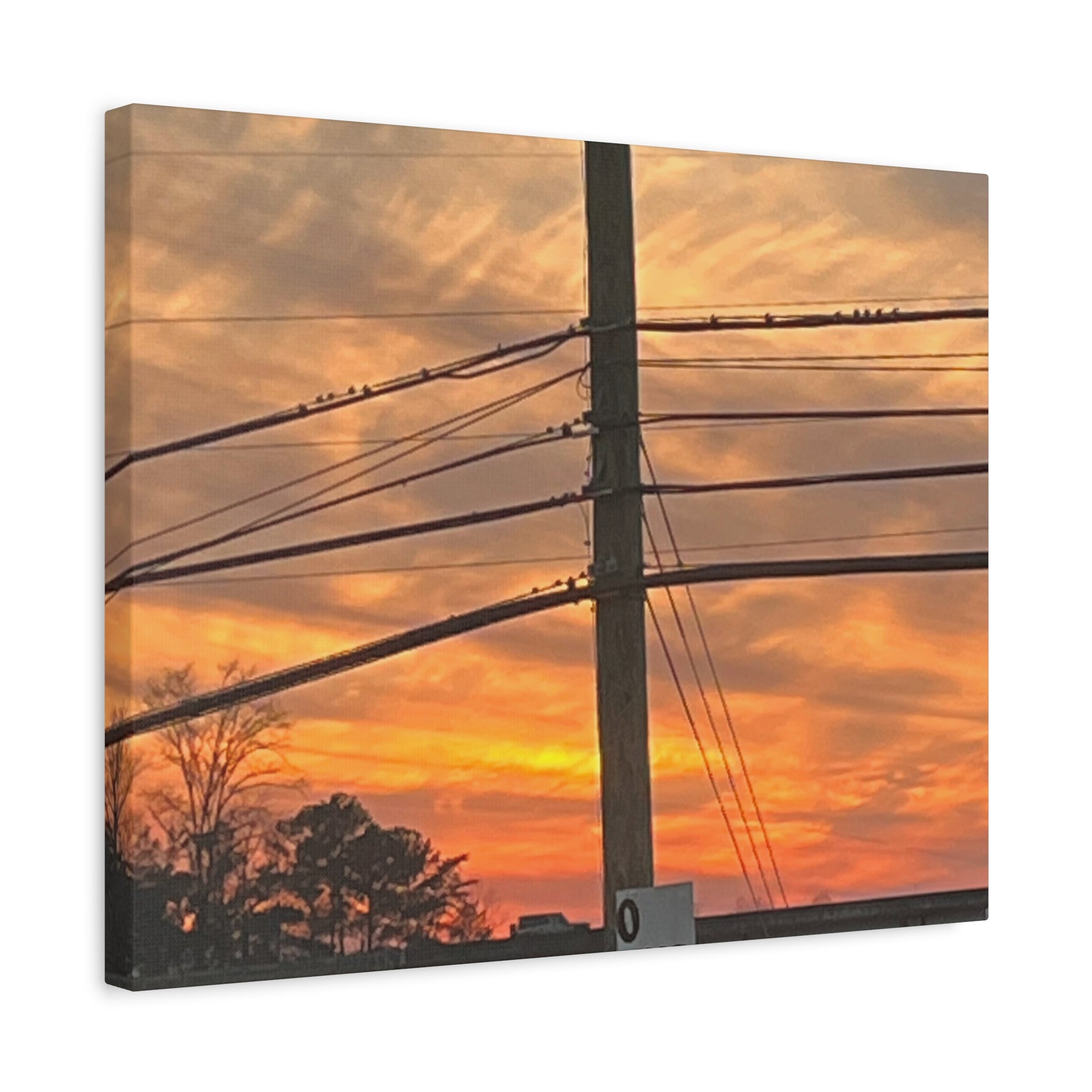 Sunset Powerlines Matte Canvas Print — Warm Orange Sky Wall Art