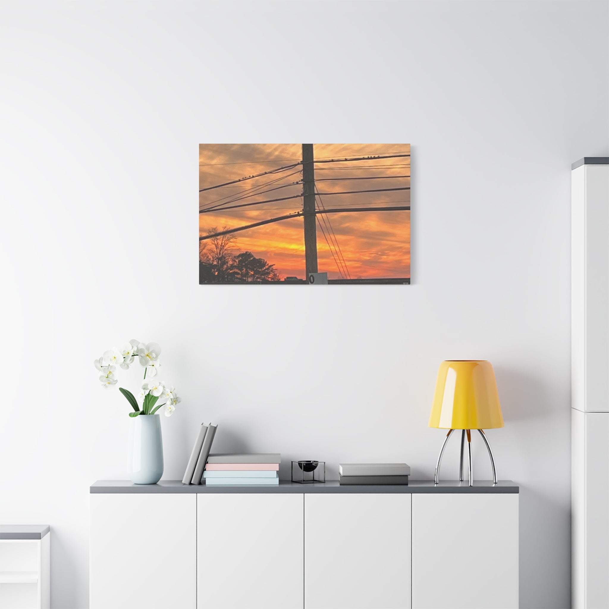 Sunset Powerlines Matte Canvas Print — Warm Orange Sky Wall Art