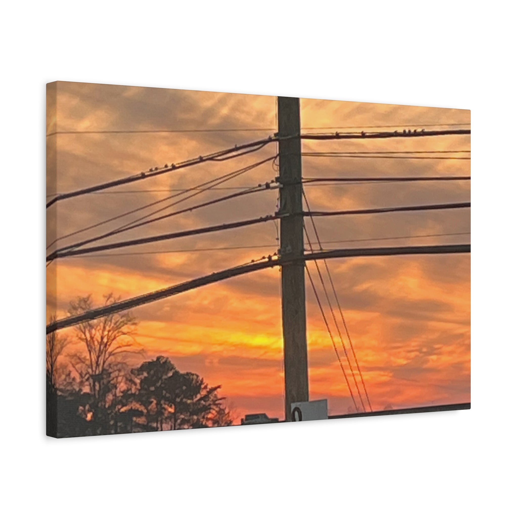 Sunset Powerlines Matte Canvas Print — Warm Orange Sky Wall Art