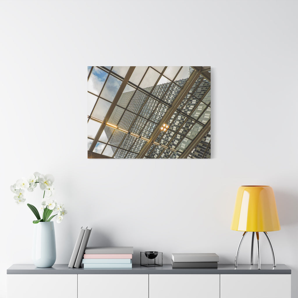 Modern Architecture Canvas Print — Glass Atrium & Skyscraper Stretched Matte