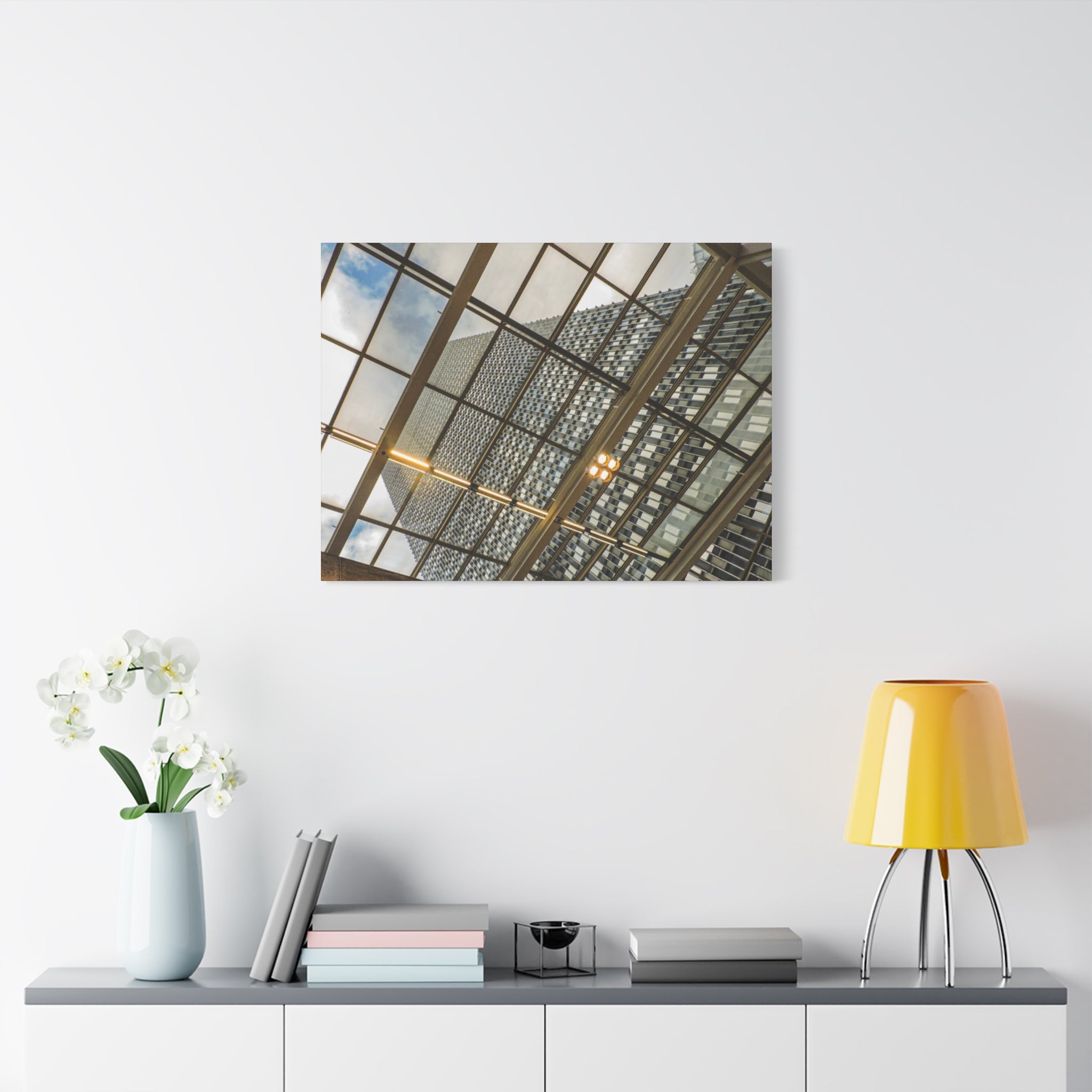 Modern Architecture Canvas Print — Glass Atrium & Skyscraper Stretched Matte