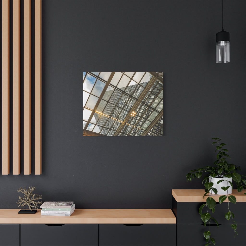 Modern Architecture Canvas Print — Glass Atrium & Skyscraper Stretched Matte