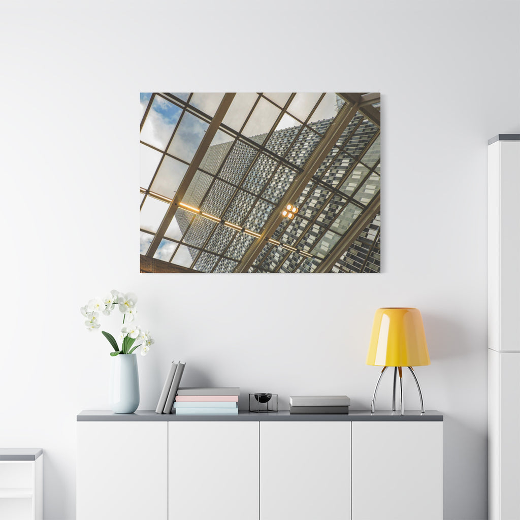 Modern Architecture Canvas Print — Glass Atrium & Skyscraper Stretched Matte