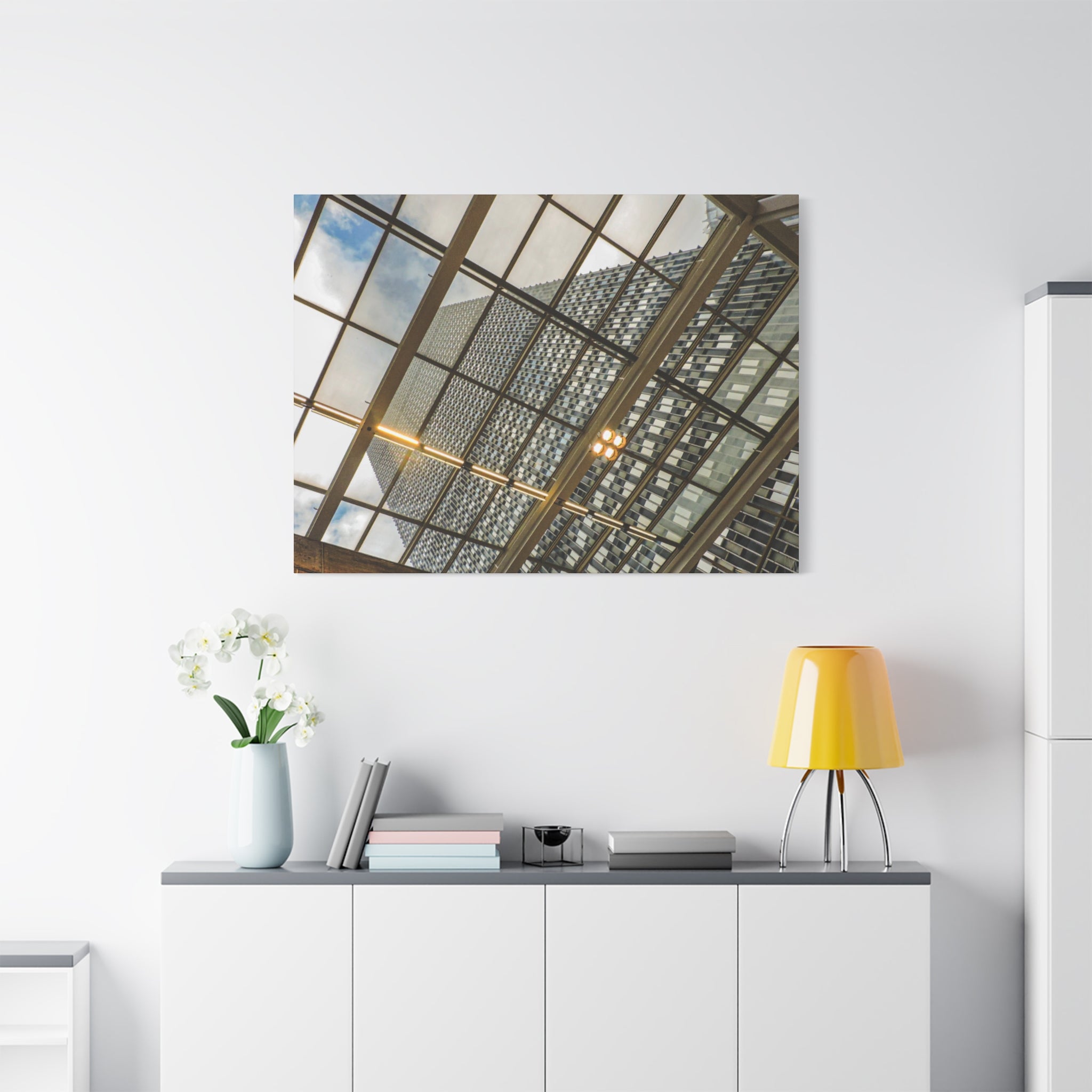 Modern Architecture Canvas Print — Glass Atrium & Skyscraper Stretched Matte