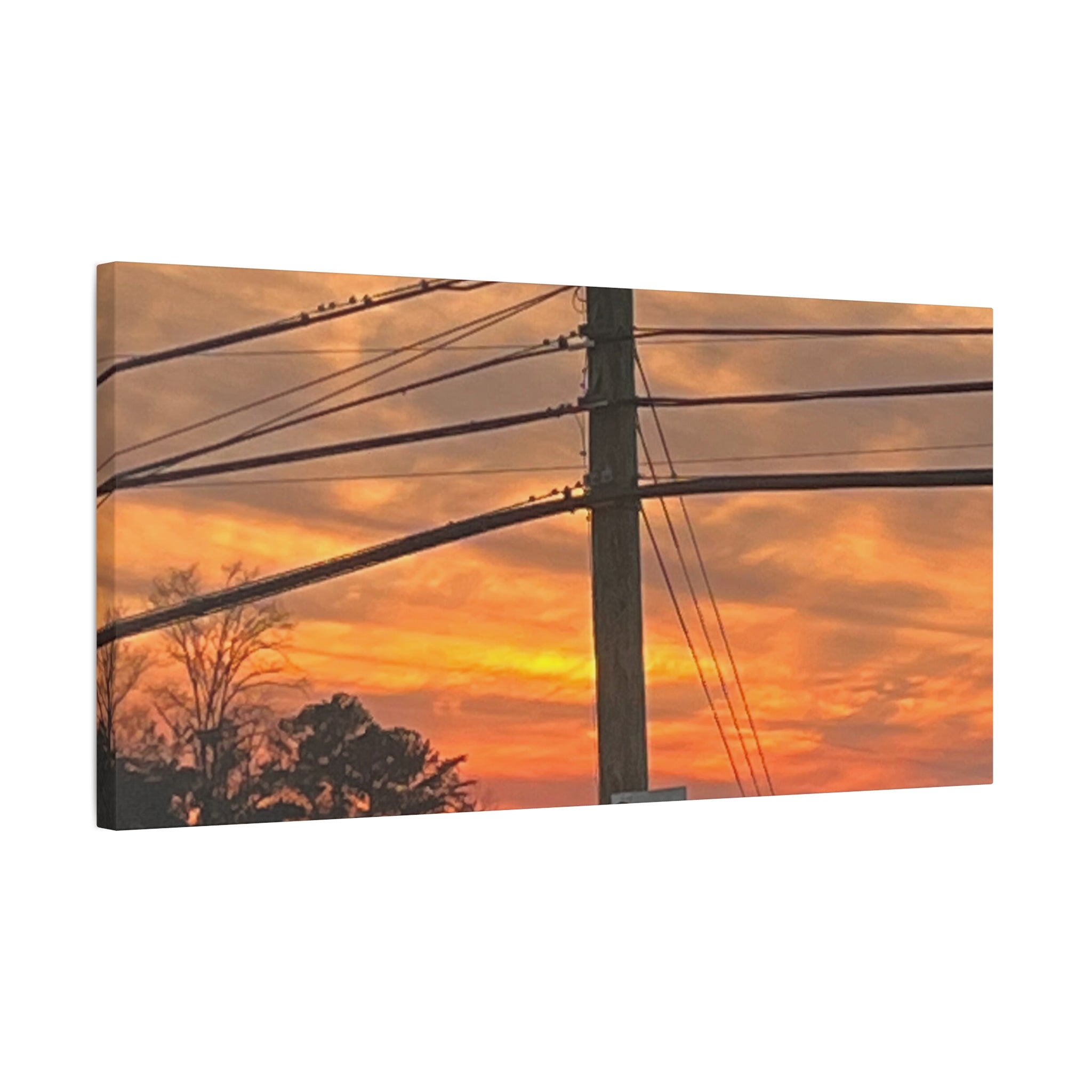 Sunset Powerlines Matte Canvas Print — Warm Orange Sky Wall Art