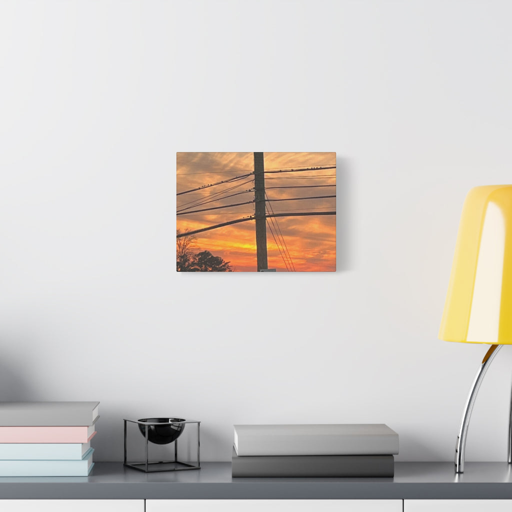 Sunset Powerlines Matte Canvas Print — Warm Orange Sky Wall Art