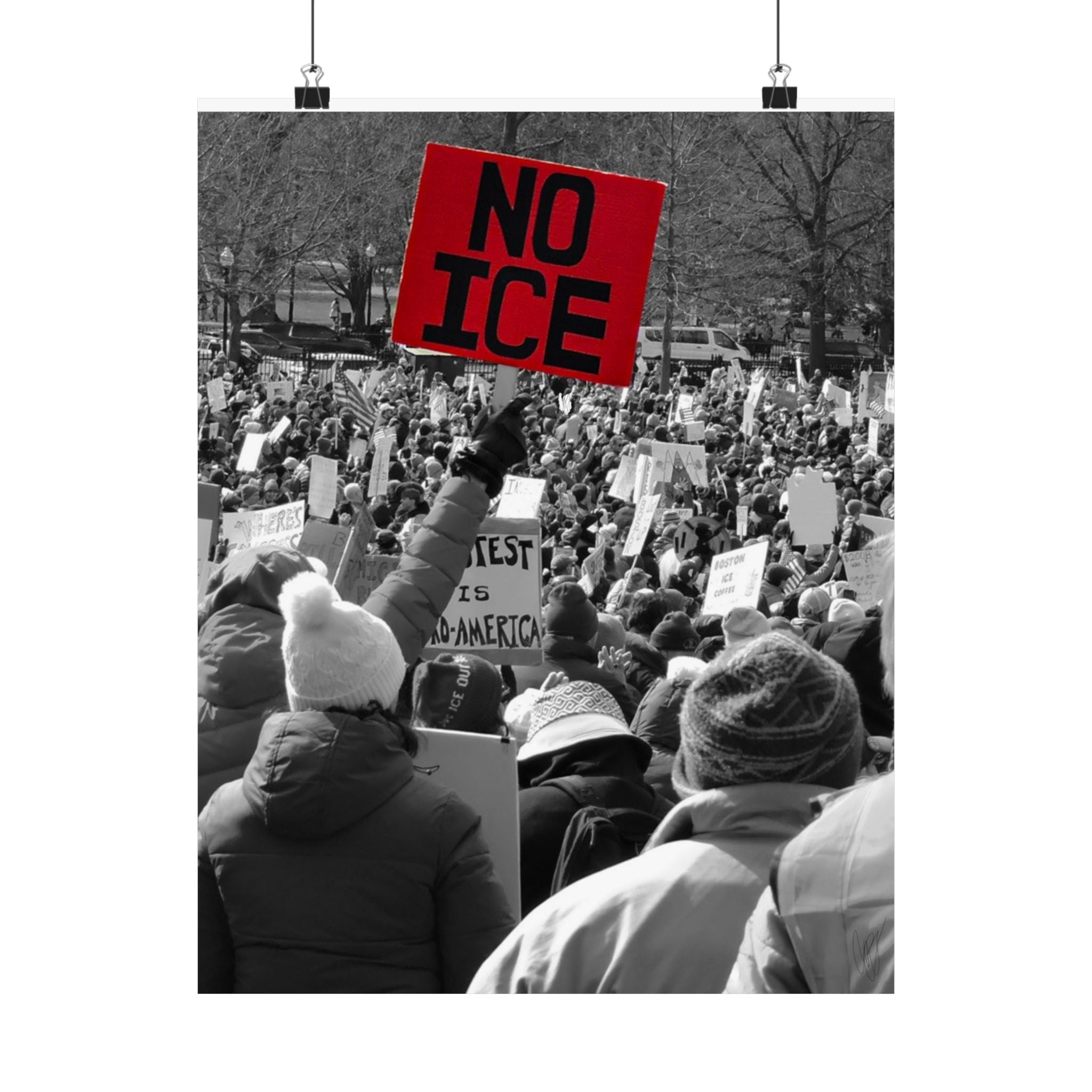 NO ICE Above the Crowd — Vertical Matte Humanitarian Poster