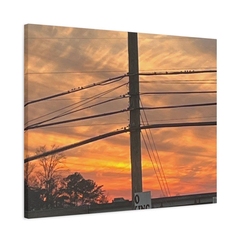 Sunset Powerlines Matte Canvas Print — Warm Orange Sky Wall Art