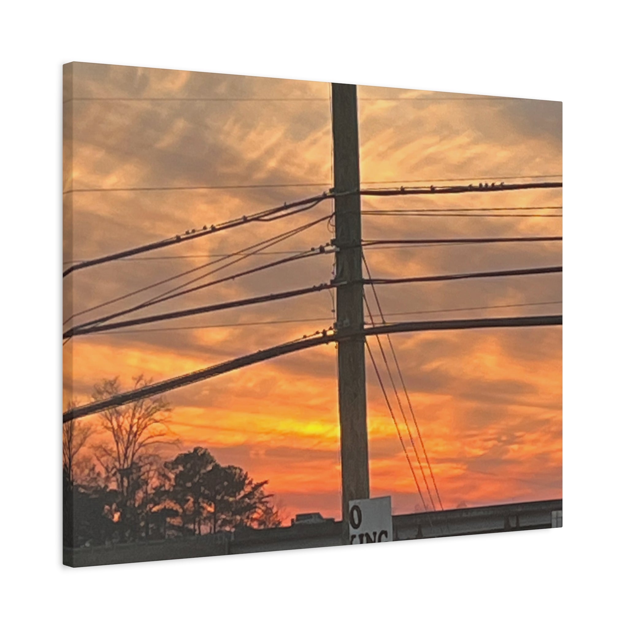 Sunset Powerlines Matte Canvas Print — Warm Orange Sky Wall Art