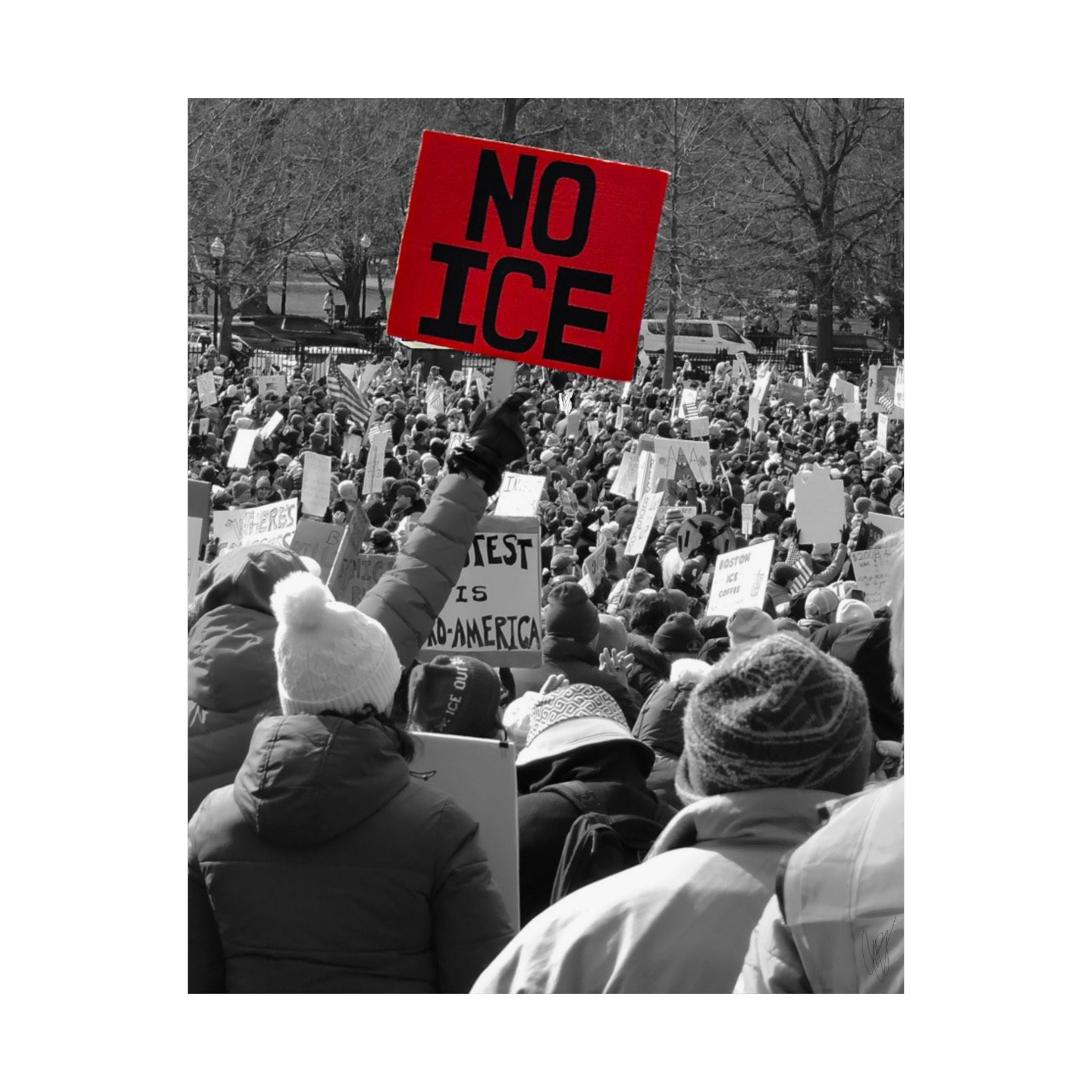 NO ICE Above the Crowd — Vertical Matte Humanitarian Poster