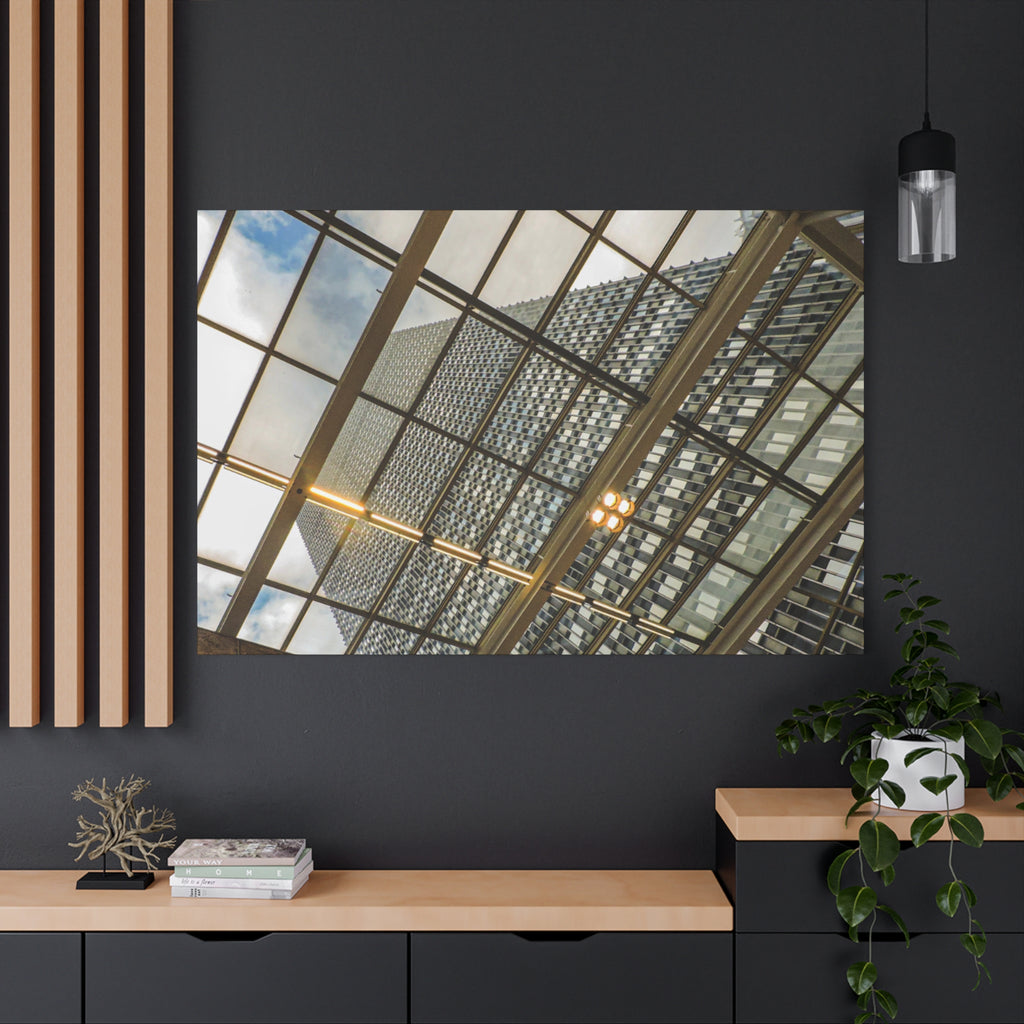 Modern Architecture Canvas Print — Glass Atrium & Skyscraper Stretched Matte