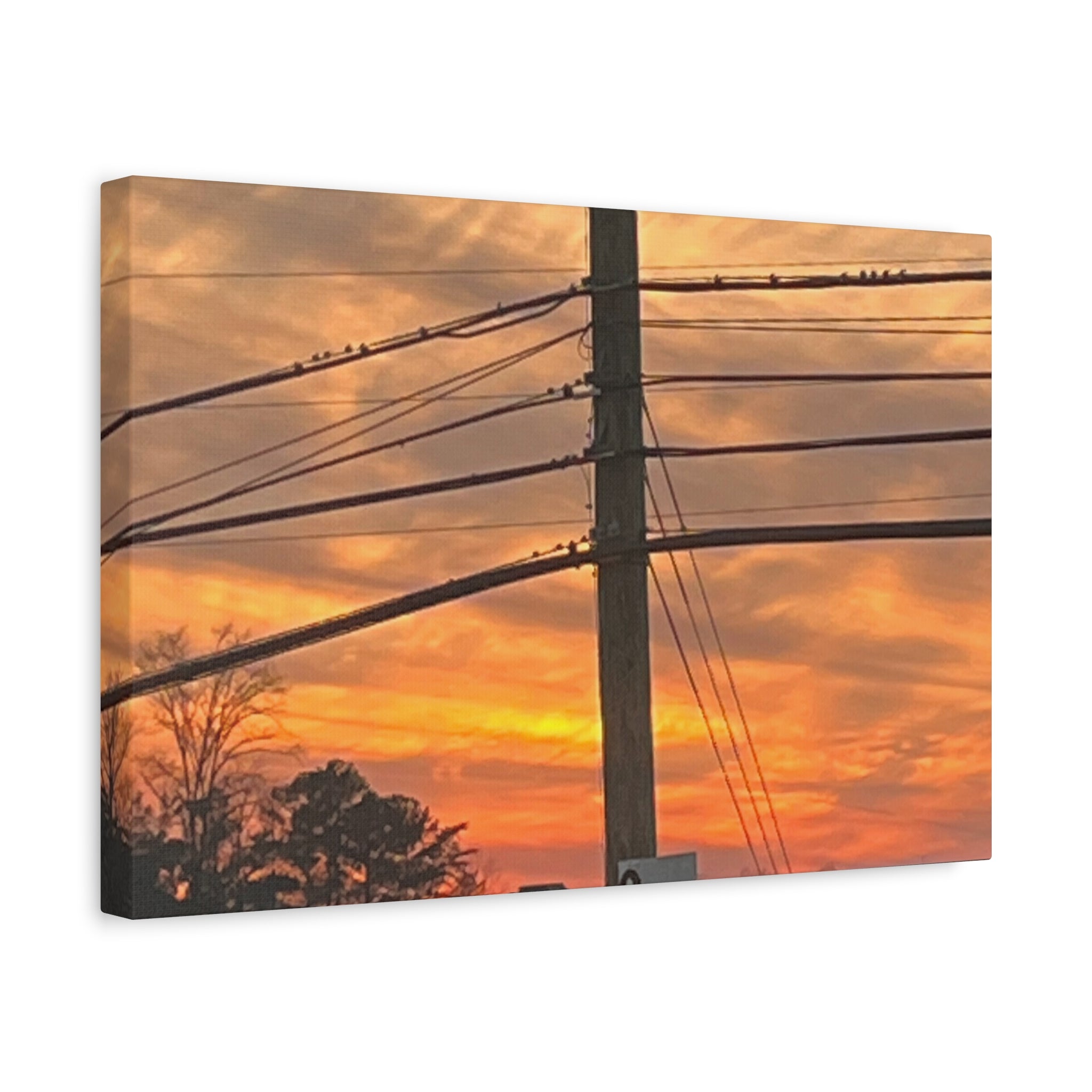 Sunset Powerlines Matte Canvas Print — Warm Orange Sky Wall Art