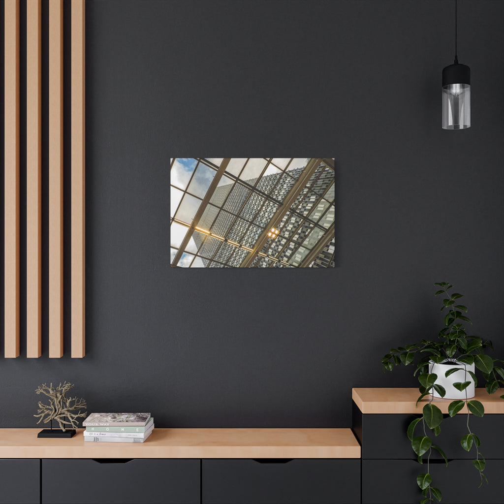 Modern Architecture Canvas Print — Glass Atrium & Skyscraper Stretched Matte