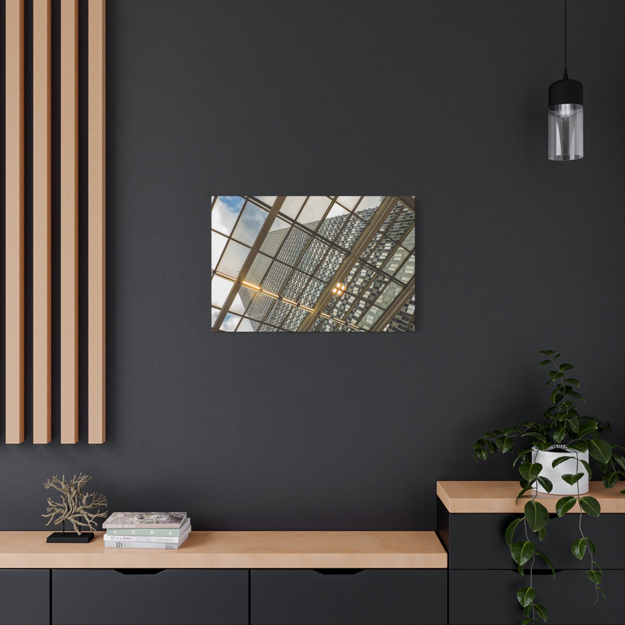 Modern Architecture Canvas Print — Glass Atrium & Skyscraper Stretched Matte