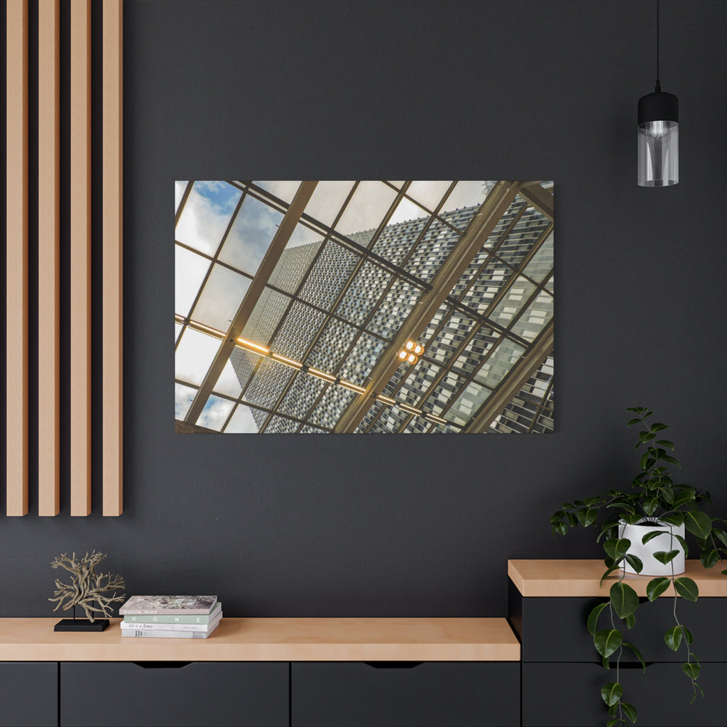 Modern Architecture Canvas Print — Glass Atrium & Skyscraper Stretched Matte