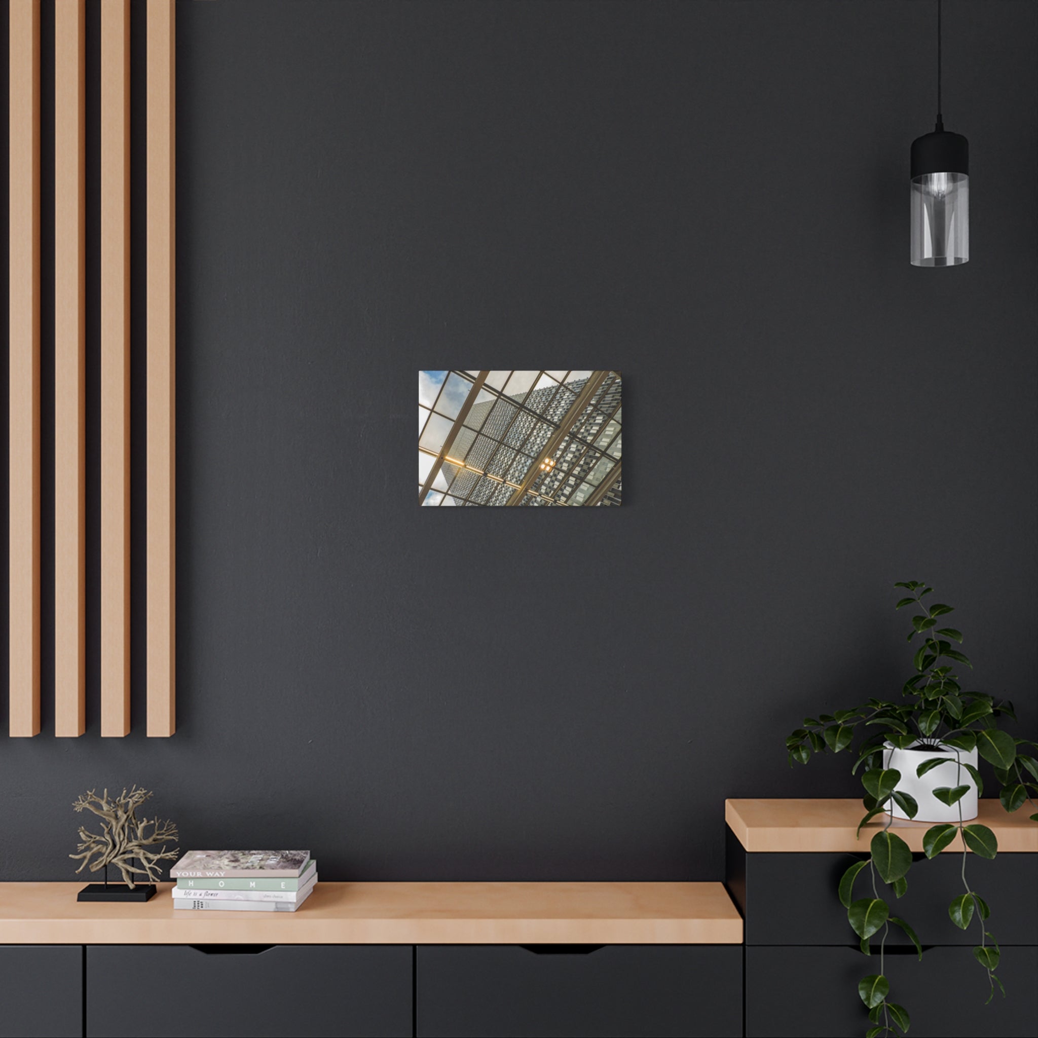 Modern Architecture Canvas Print — Glass Atrium & Skyscraper Stretched Matte