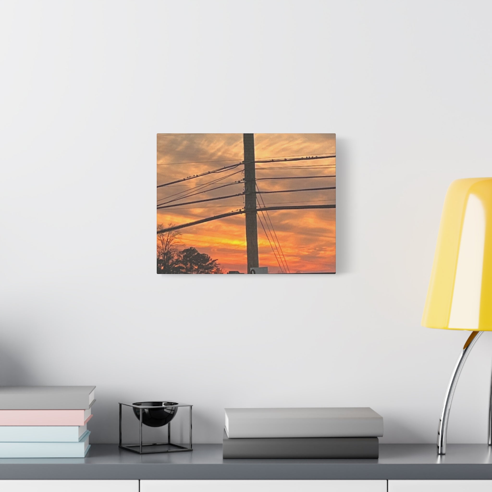 Sunset Powerlines Matte Canvas Print — Warm Orange Sky Wall Art