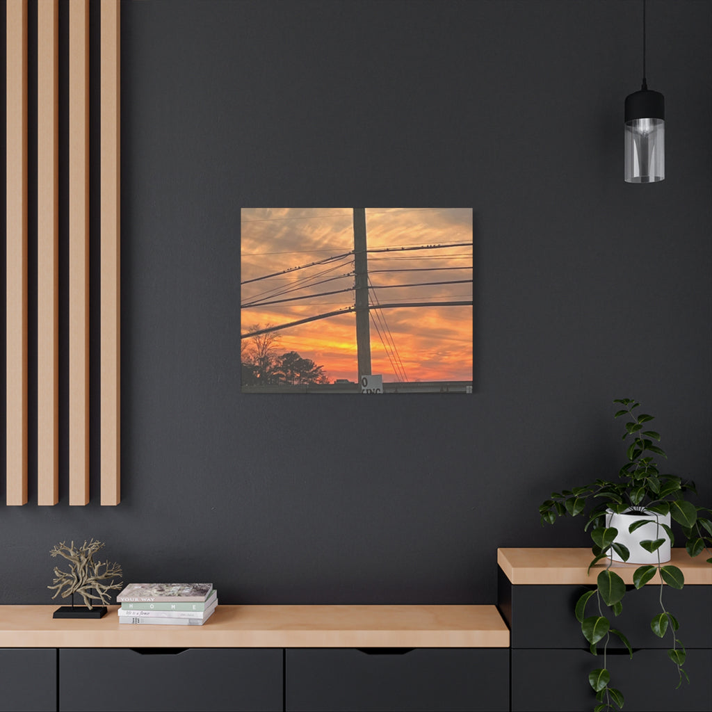 Sunset Powerlines Matte Canvas Print — Warm Orange Sky Wall Art