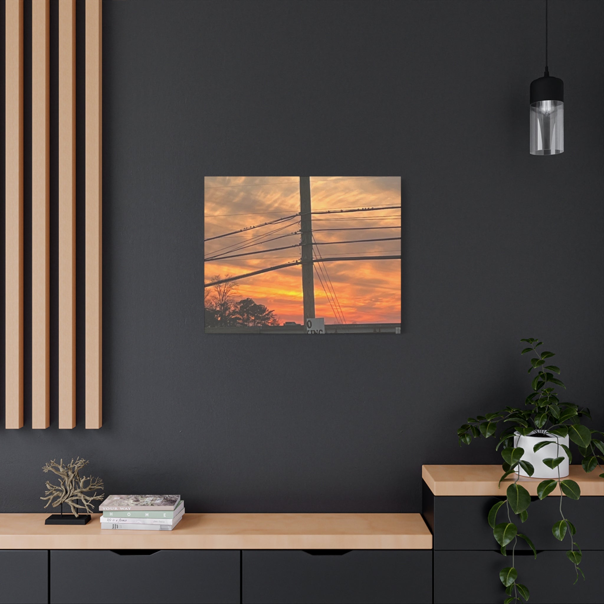 Sunset Powerlines Matte Canvas Print — Warm Orange Sky Wall Art