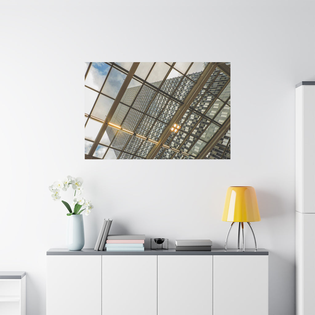 Modern Architecture Canvas Print — Glass Atrium & Skyscraper Stretched Matte