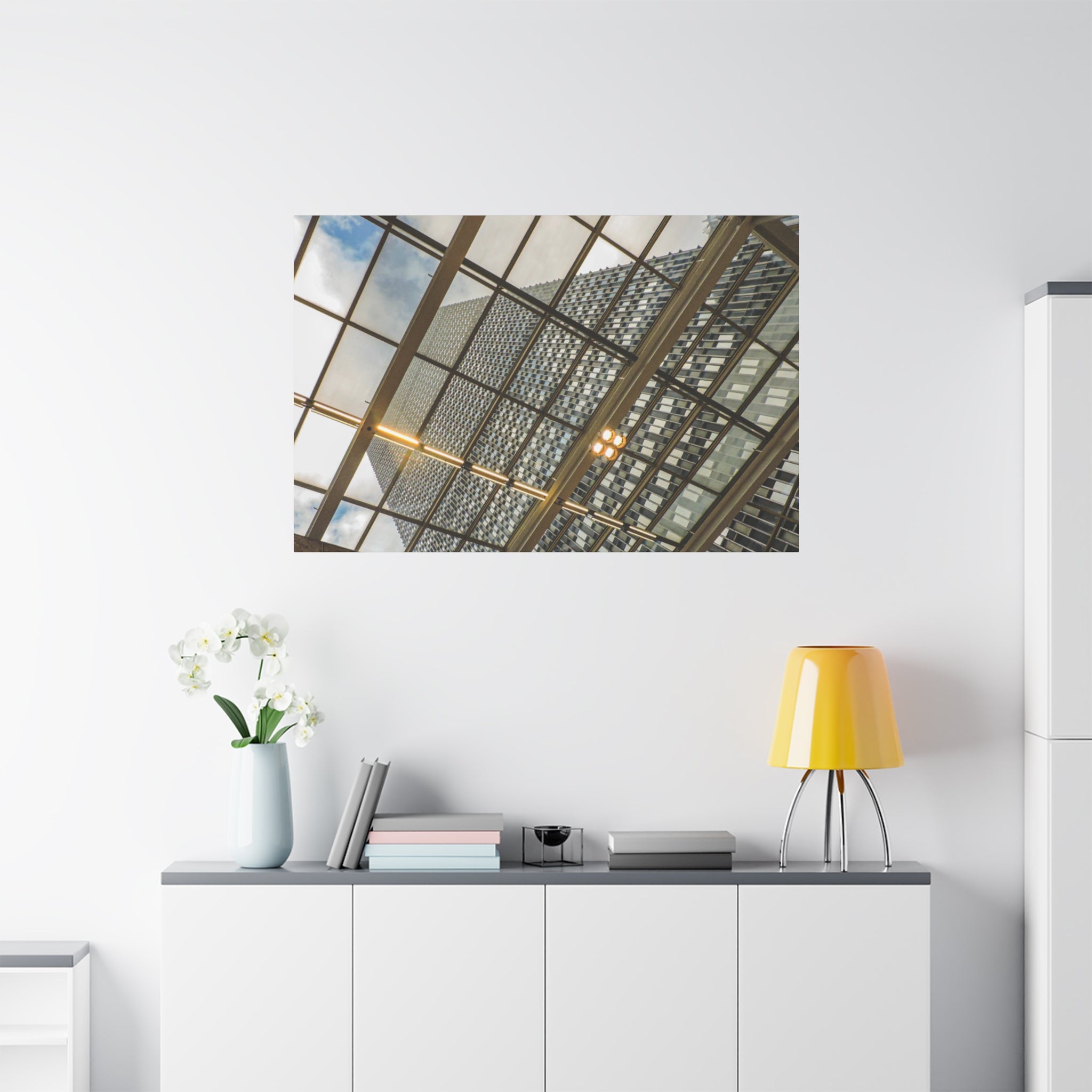 Modern Architecture Canvas Print — Glass Atrium & Skyscraper Stretched Matte
