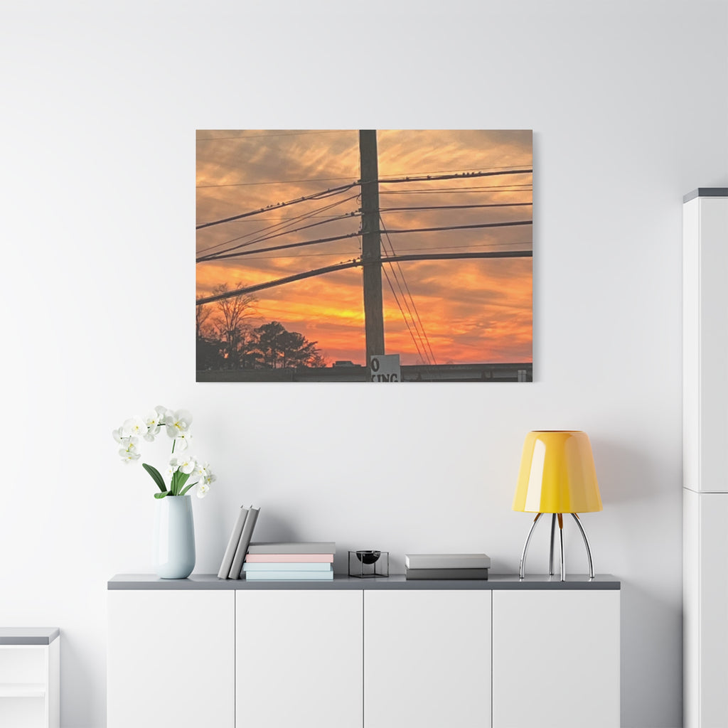 Sunset Powerlines Matte Canvas Print — Warm Orange Sky Wall Art