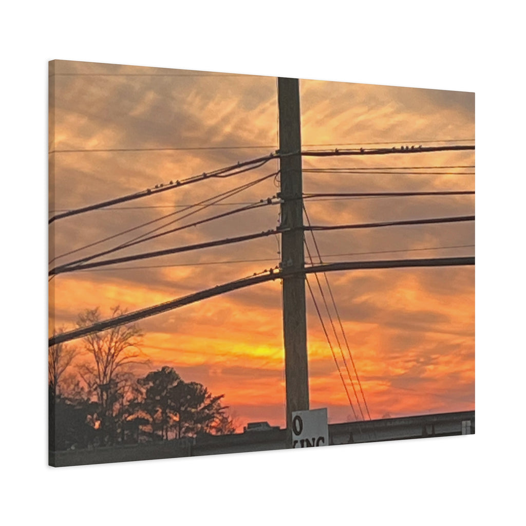 Sunset Powerlines Matte Canvas Print — Warm Orange Sky Wall Art