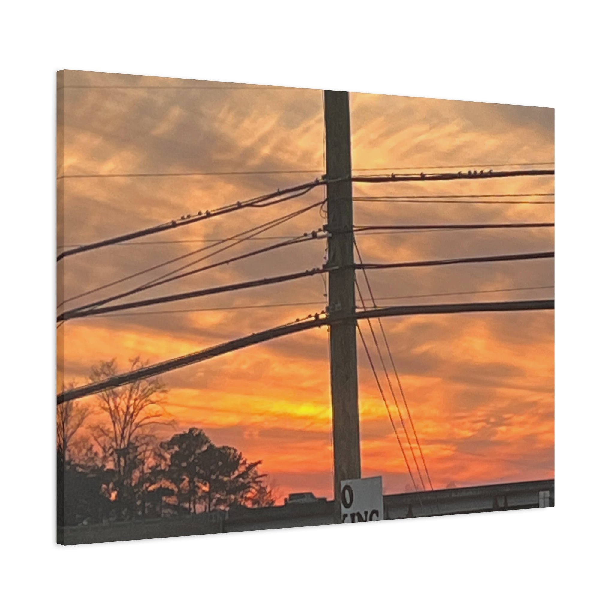 Sunset Powerlines Matte Canvas Print — Warm Orange Sky Wall Art