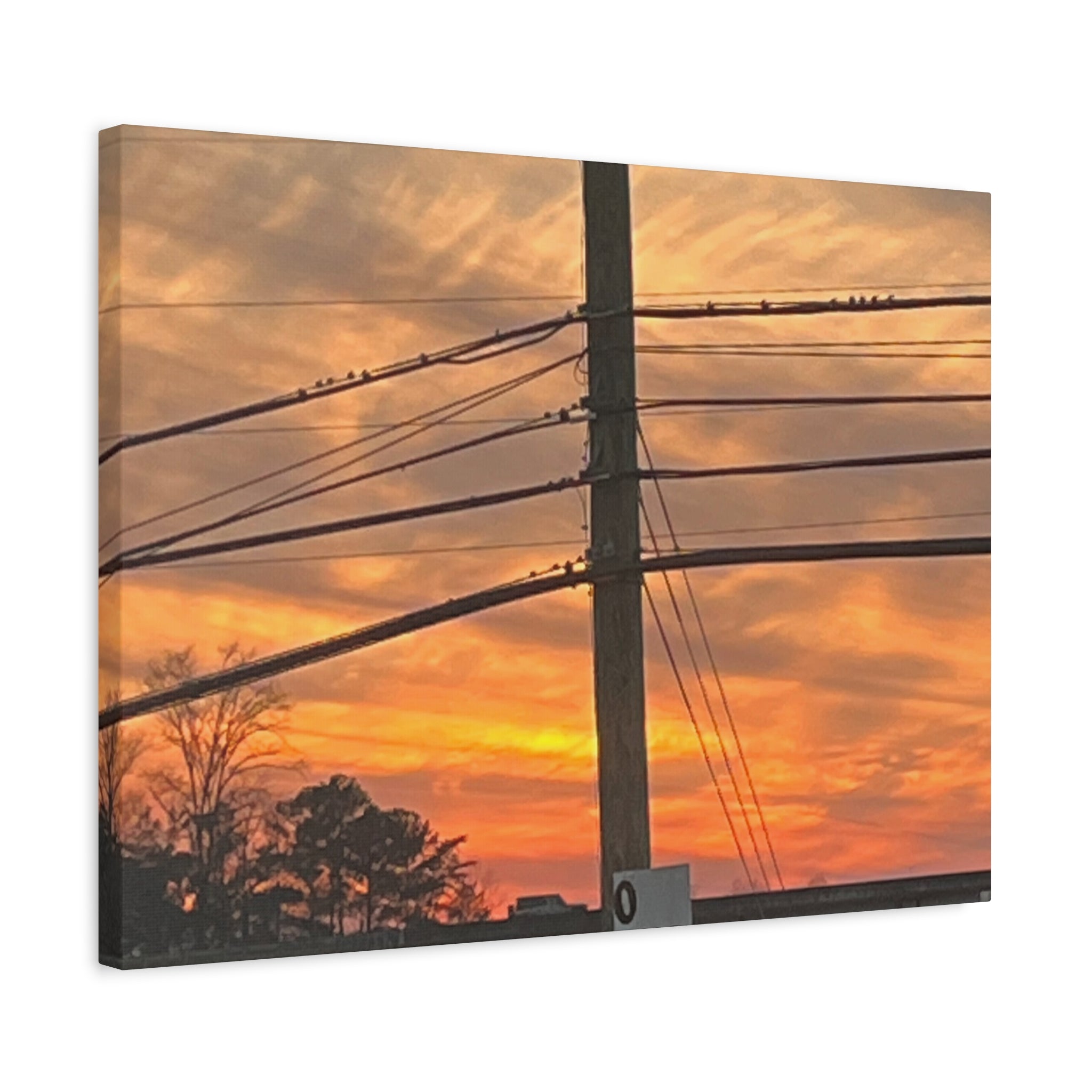 Sunset Powerlines Matte Canvas Print — Warm Orange Sky Wall Art