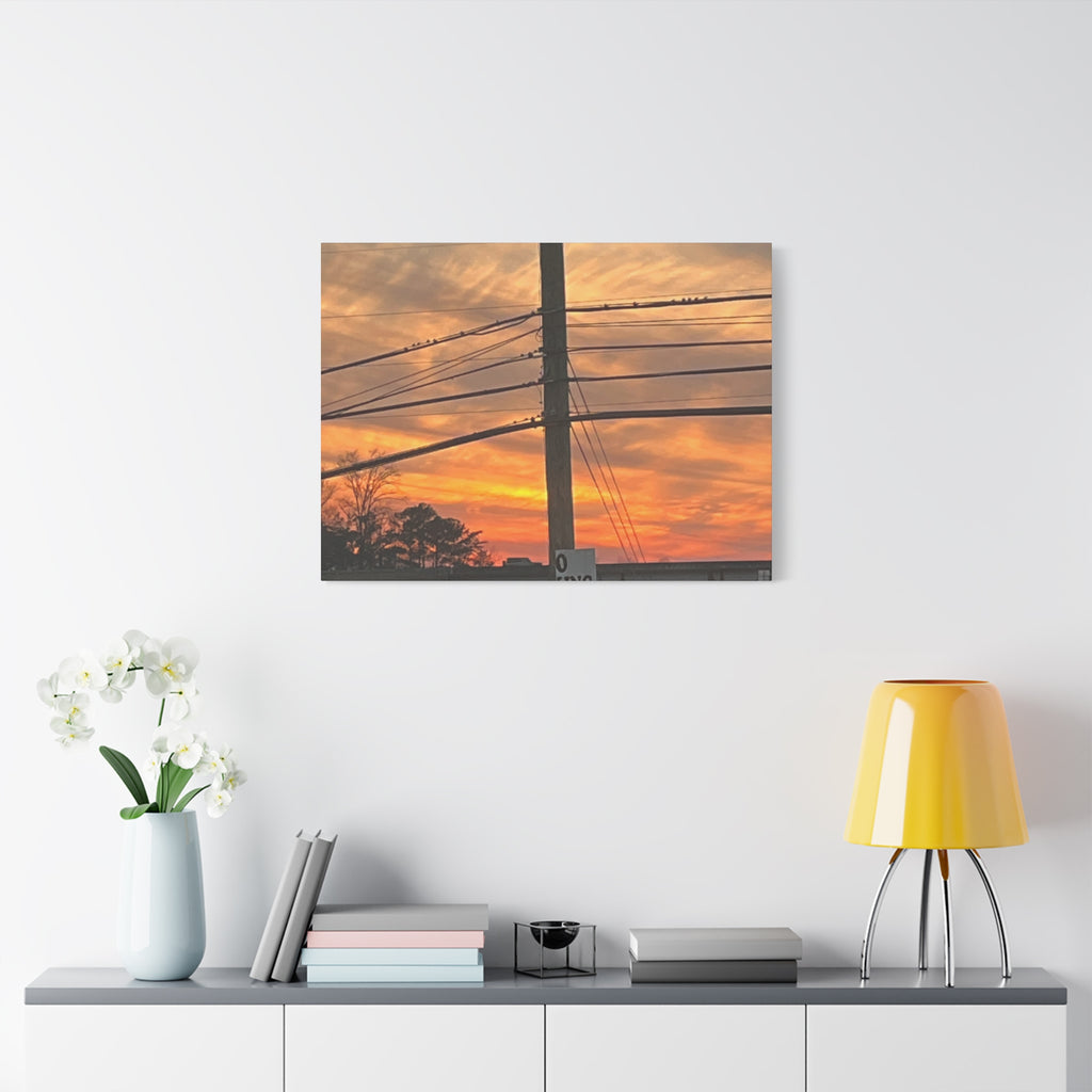 Sunset Powerlines Matte Canvas Print — Warm Orange Sky Wall Art