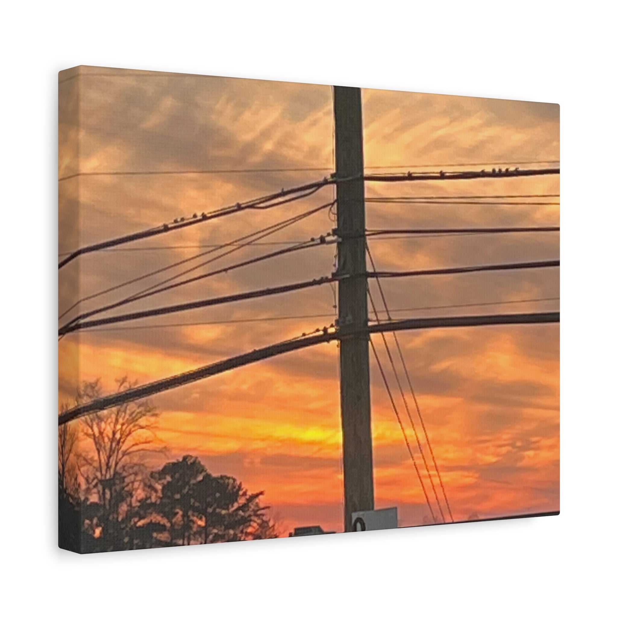 Sunset Powerlines Matte Canvas Print — Warm Orange Sky Wall Art