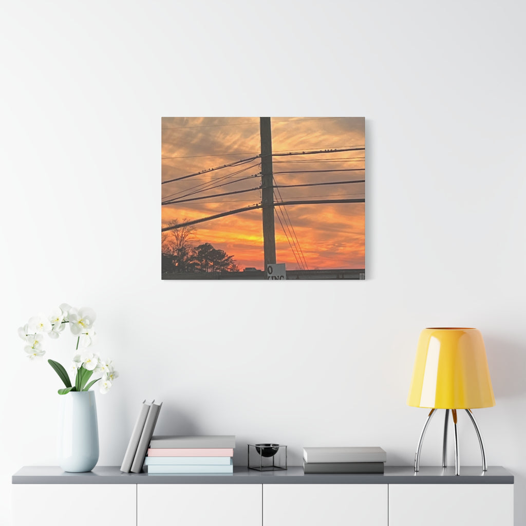 Sunset Powerlines Matte Canvas Print — Warm Orange Sky Wall Art
