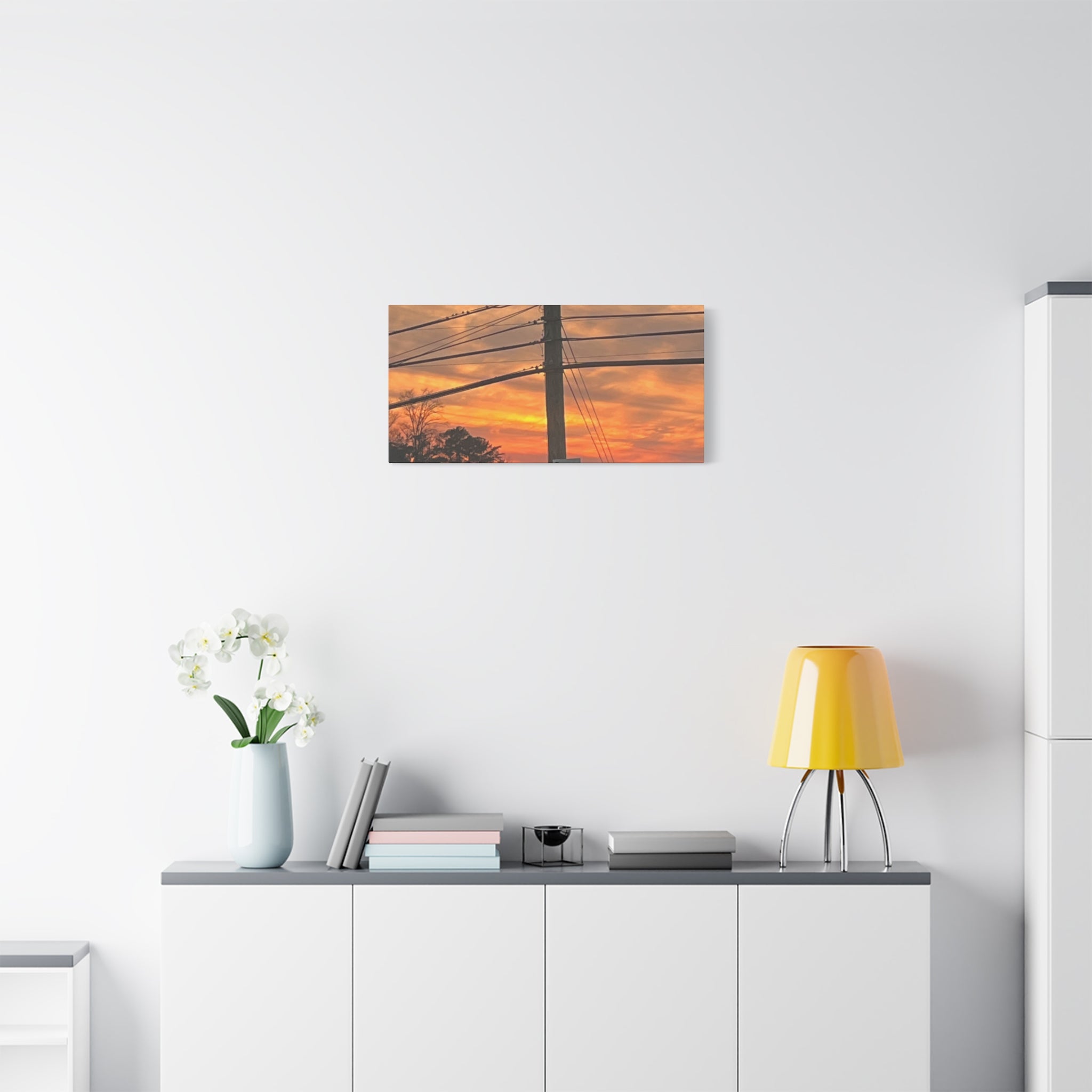 Sunset Powerlines Matte Canvas Print — Warm Orange Sky Wall Art