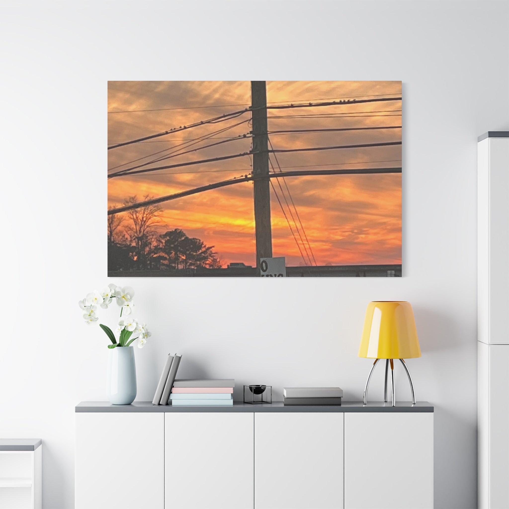 Sunset Powerlines Matte Canvas Print — Warm Orange Sky Wall Art