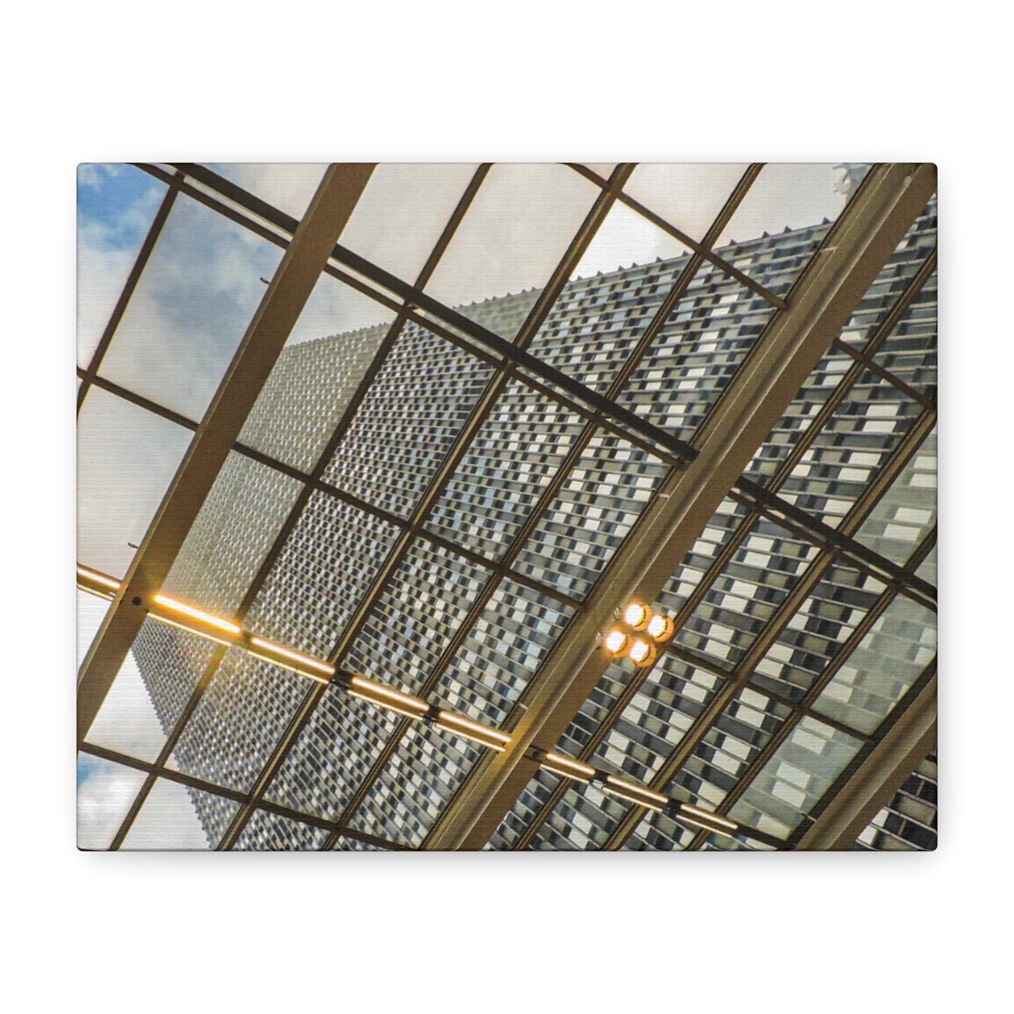 Modern Architecture Canvas Print — Glass Atrium & Skyscraper Stretched Matte