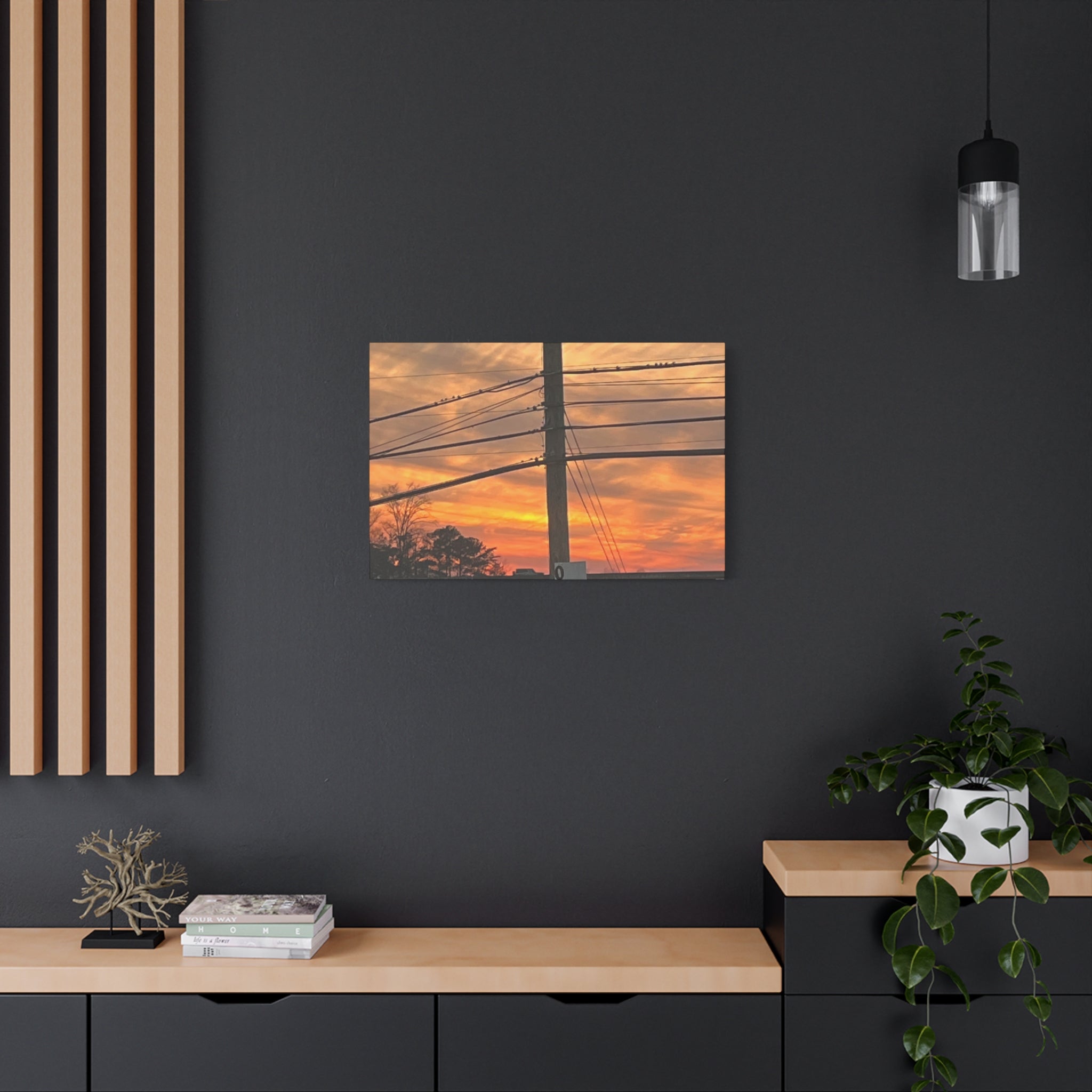 Sunset Powerlines Matte Canvas Print — Warm Orange Sky Wall Art