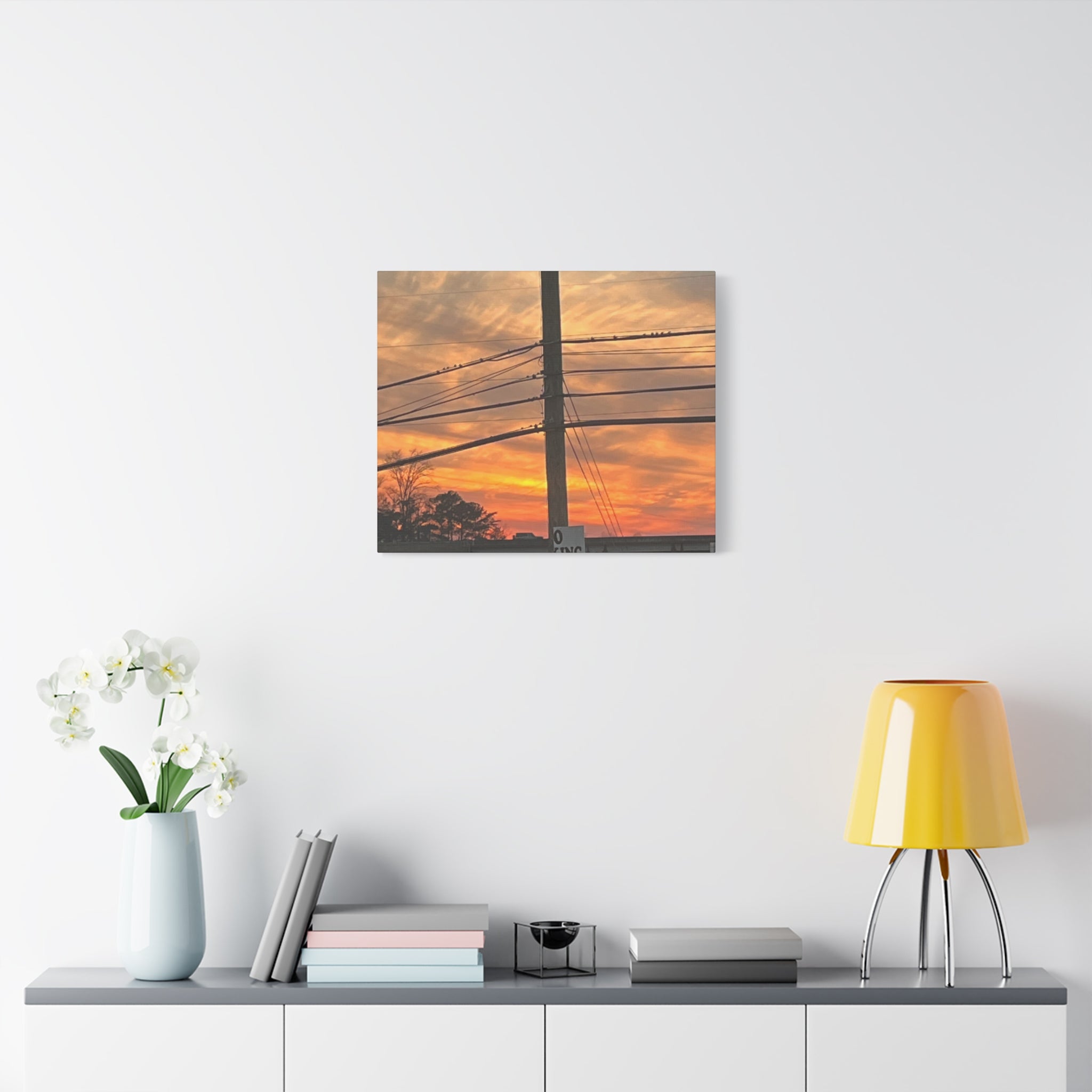 Sunset Powerlines Matte Canvas Print — Warm Orange Sky Wall Art