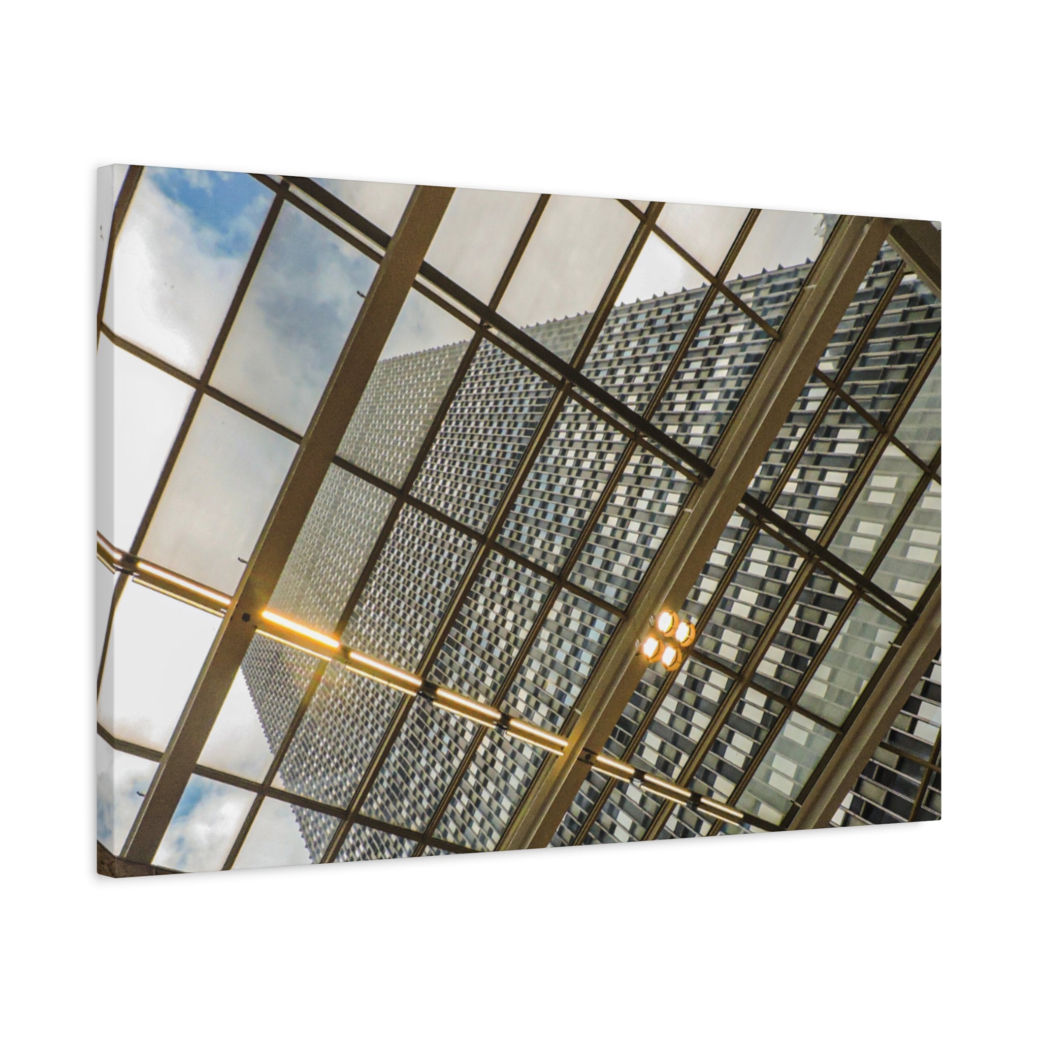 Modern Architecture Canvas Print — Glass Atrium & Skyscraper Stretched Matte