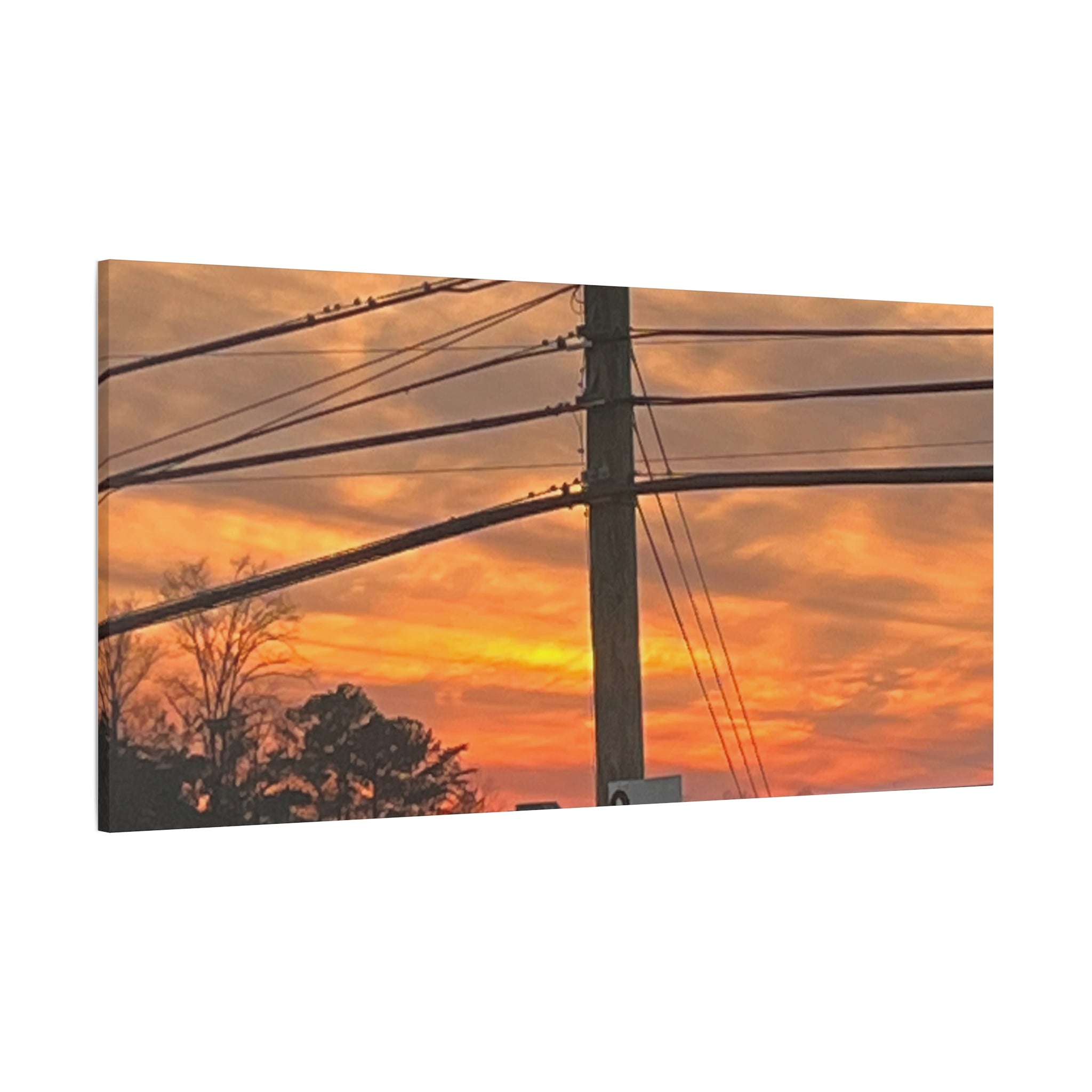 Sunset Powerlines Matte Canvas Print — Warm Orange Sky Wall Art